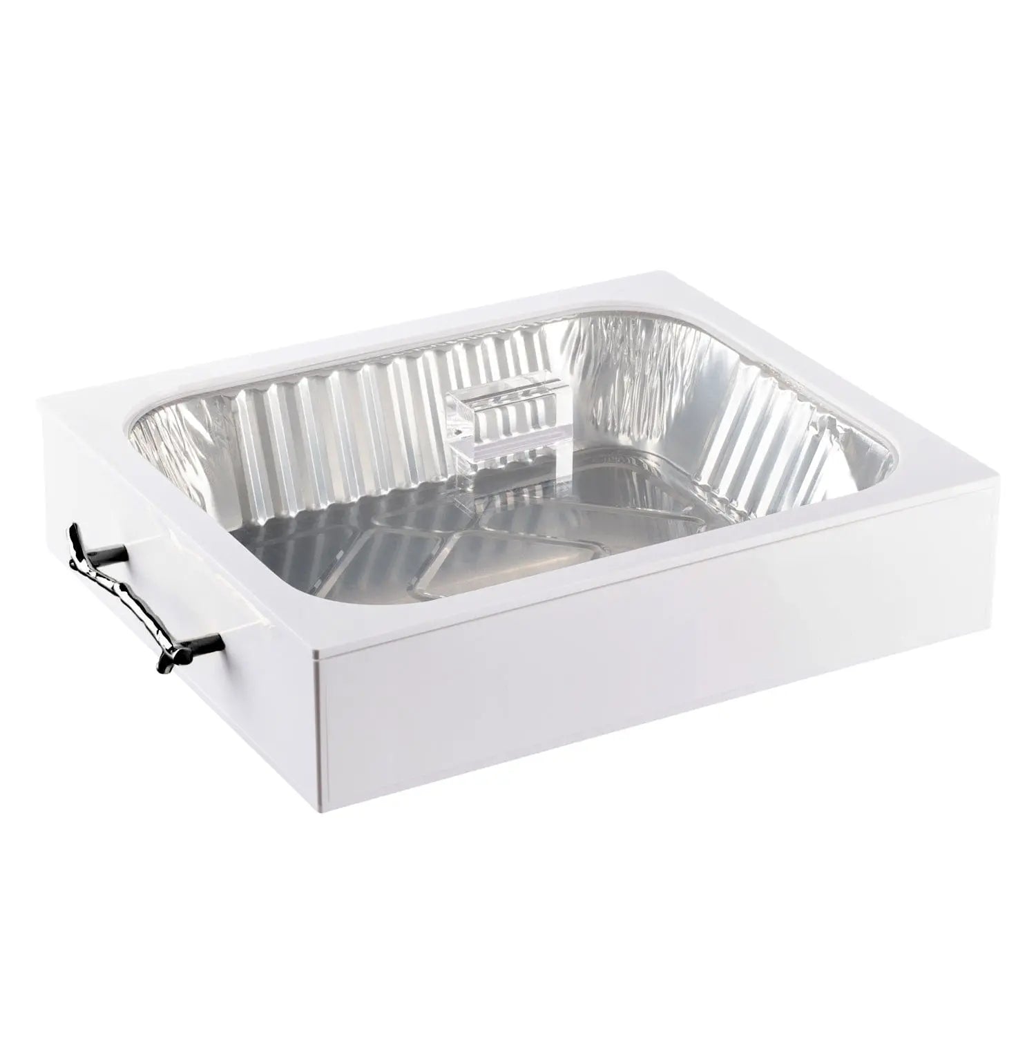 White Twig 9x13 pan holder with aluminum foil insert and handles for serving dishes at Jewish celebrations and events