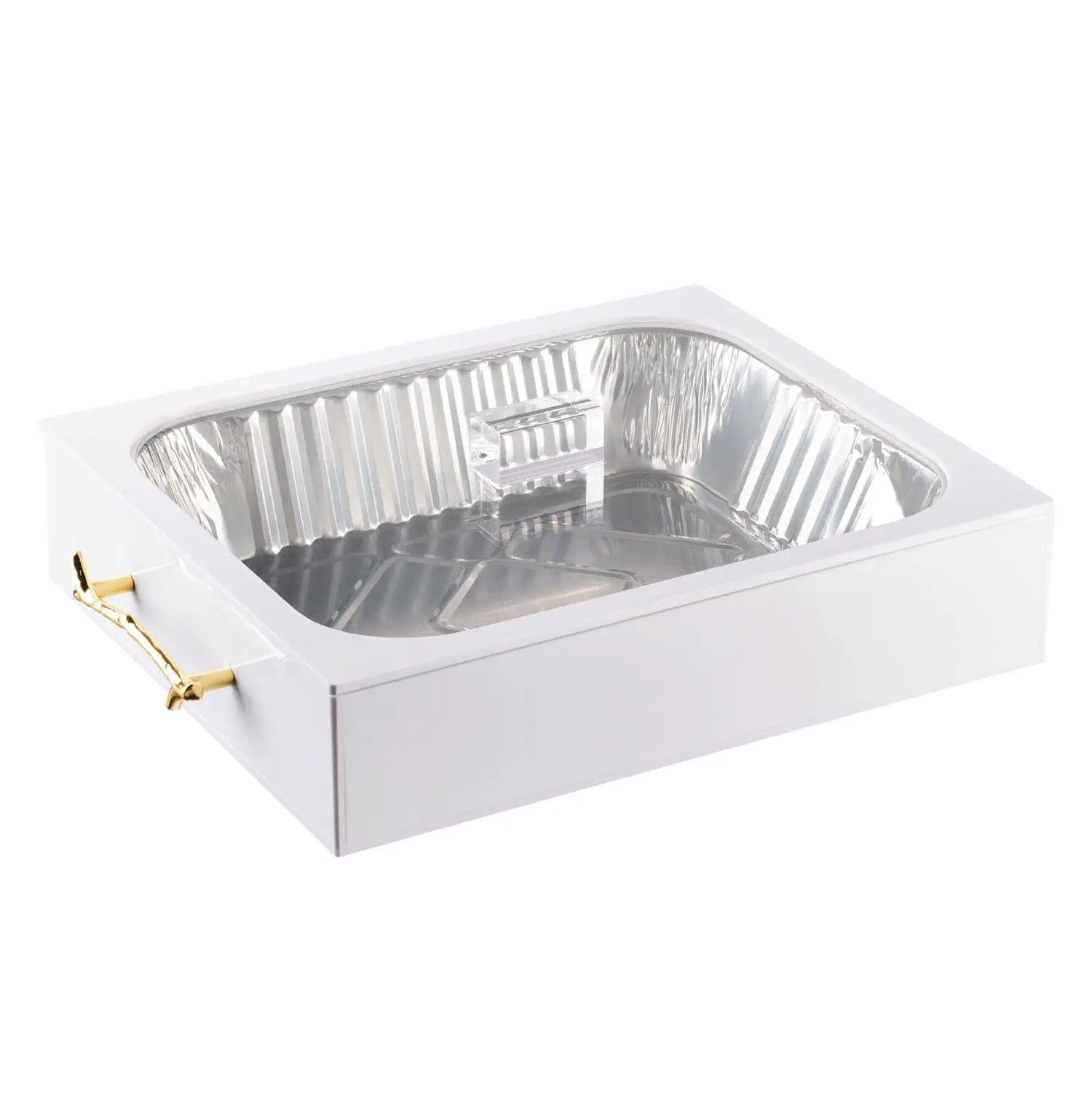 White rectangular Twig 9x13 pan holder with aluminum foil insert and gold handles, designed for serving and entertaining.