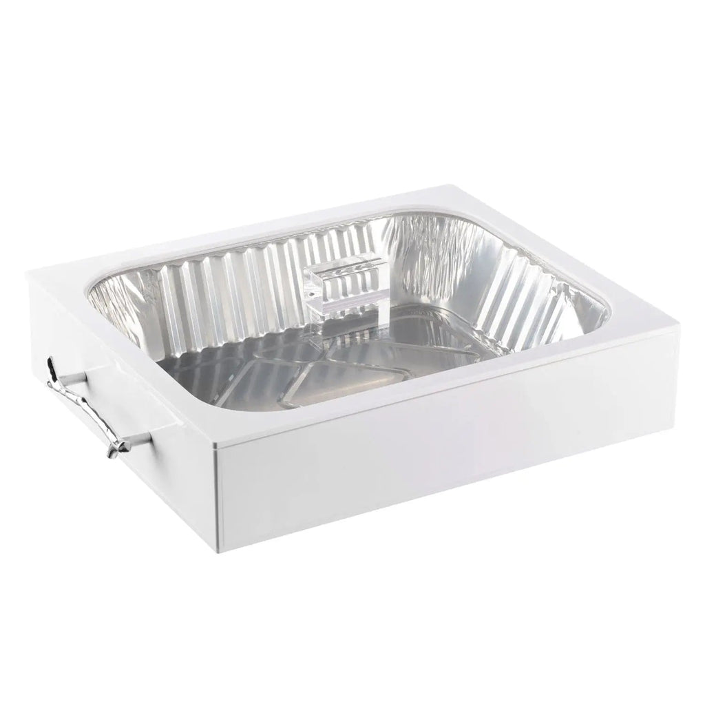 White Twig 9x13 pan holder with aluminum disposable baking pan insert and handles, perfect for serving and transporting food.