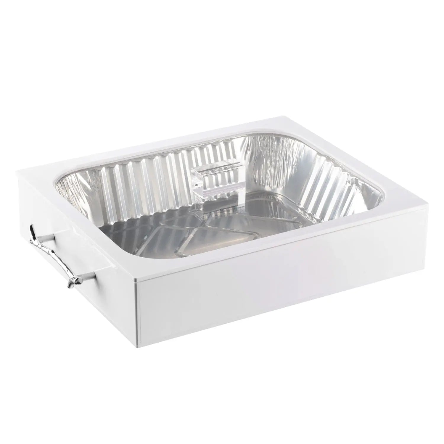 White Twig 9x13 pan holder with aluminum disposable baking pan insert and handles, perfect for serving and transporting food.