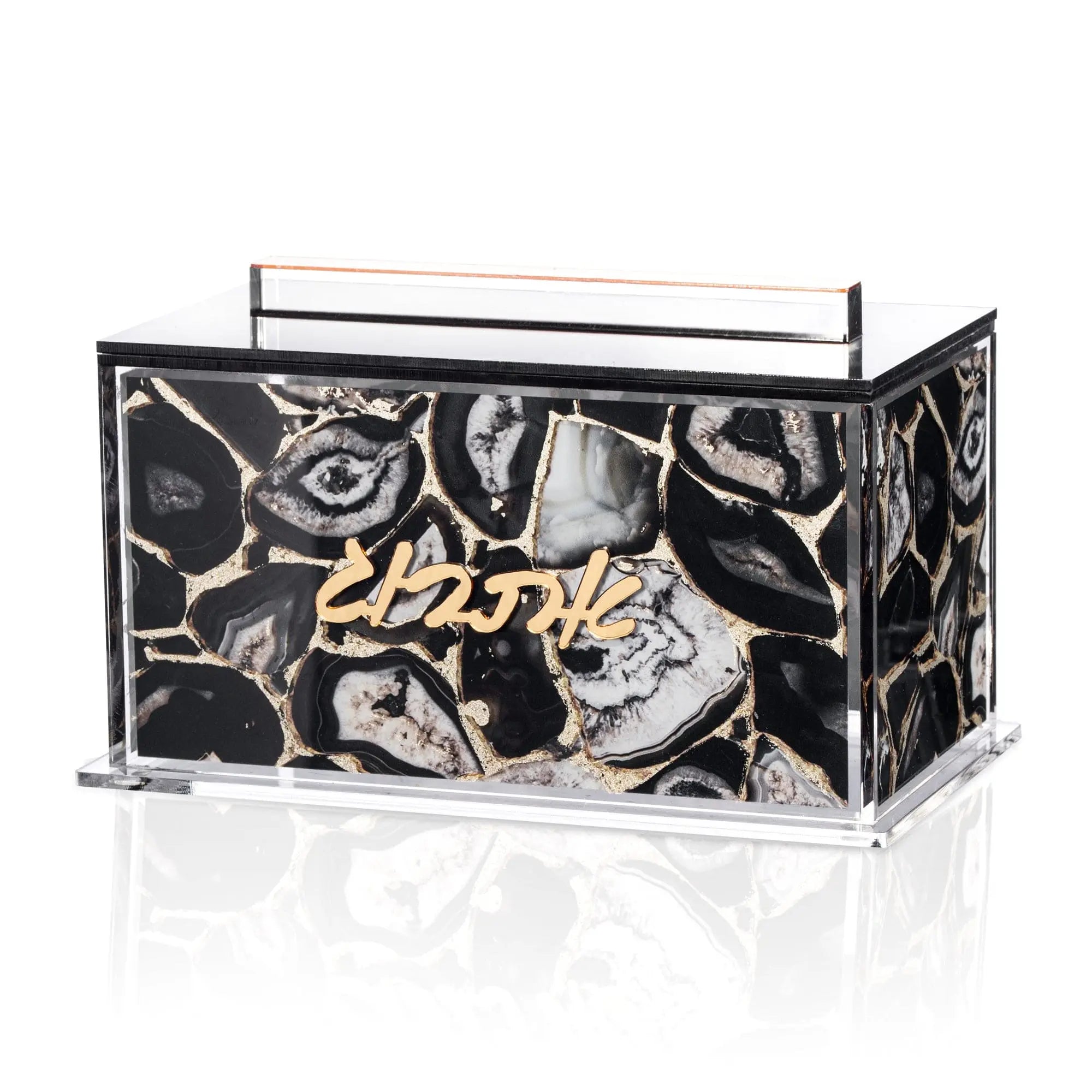 Black agate Esrog box with gold accents and marble design, featuring a clear glass top and metal frame for Sukkot holiday storage.