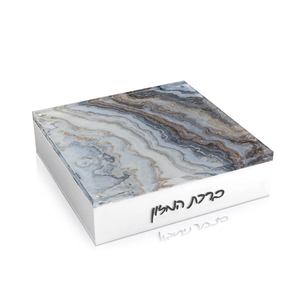 Agate Layflat Bencher Set with blue and gray marble-patterned top and white base, Pesach tabletop Judaica.