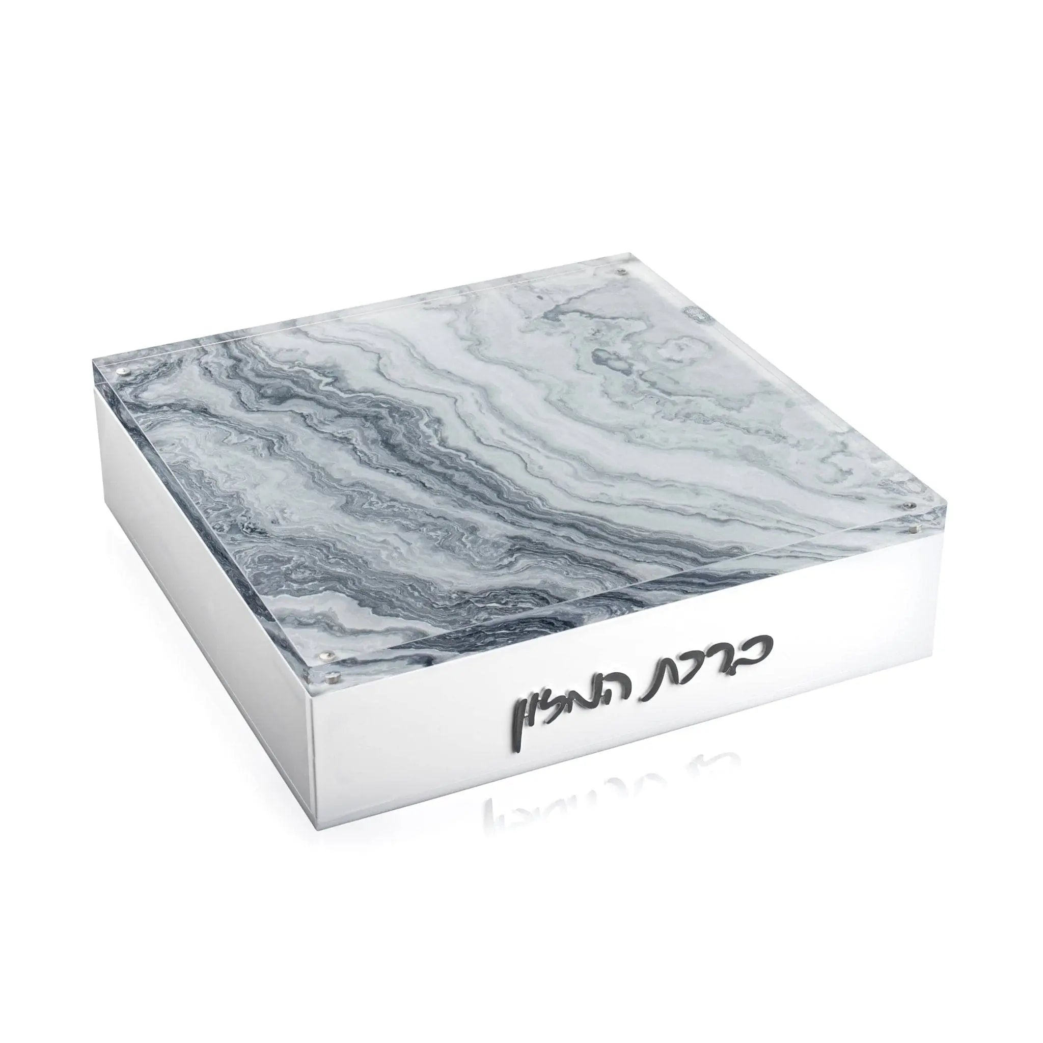 Agate Layflat Bencher Set with gray and white marble-patterned top and white base box, Pesach tabletop design