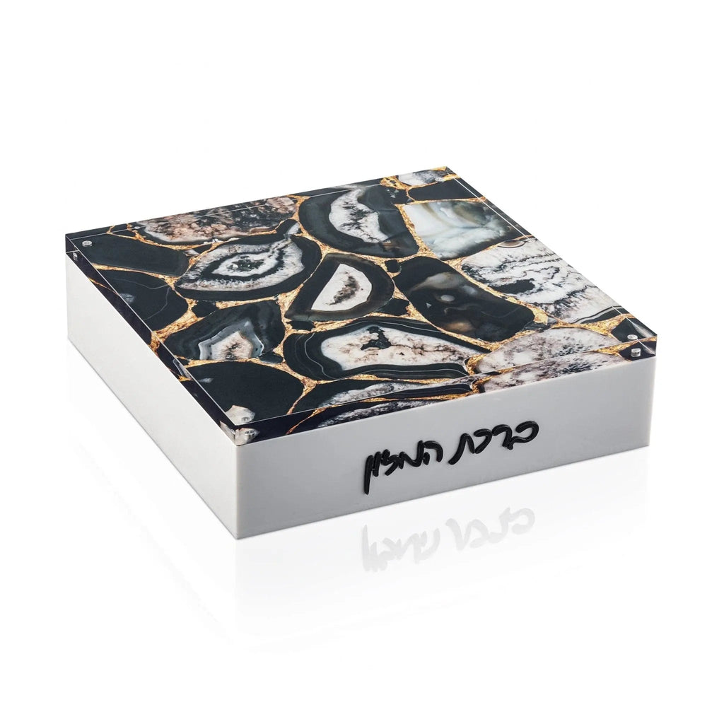 Waterdale Collection Agate Layflat Bencher Set featuring black and white banded agate with gold veining on white box base for Shabbat.
