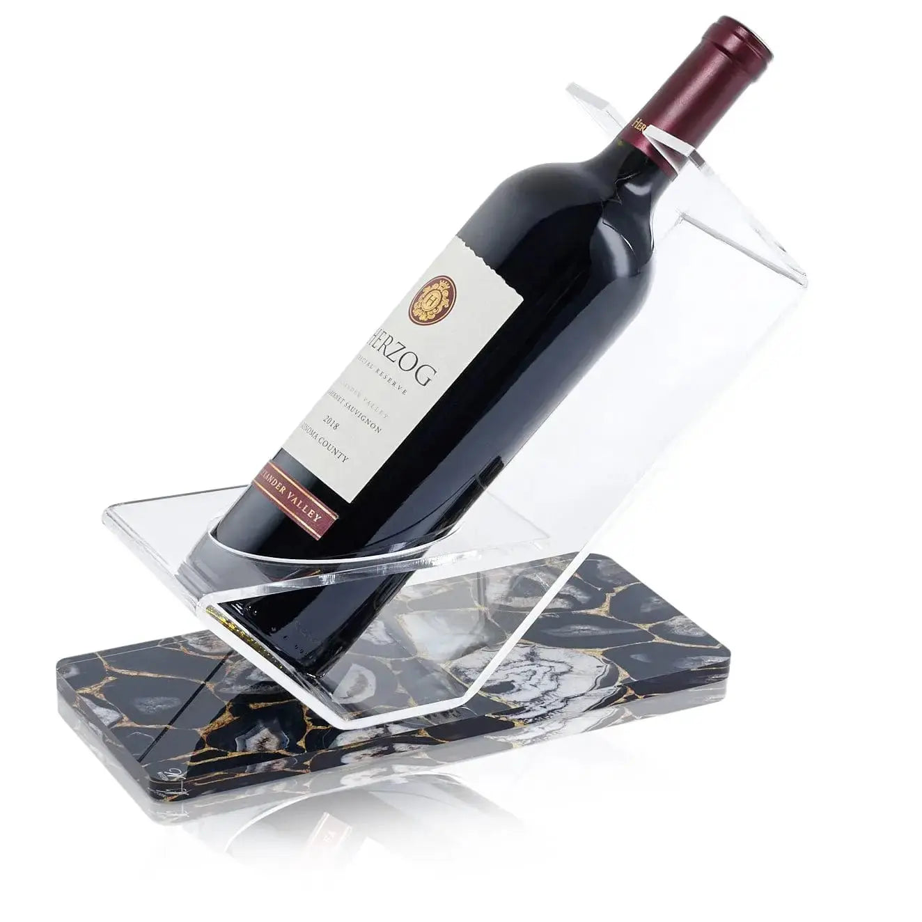Agate wine stand with black marble base holding a red wine bottle, displaying natural stone veining and elegant modern design for wine storage and display.