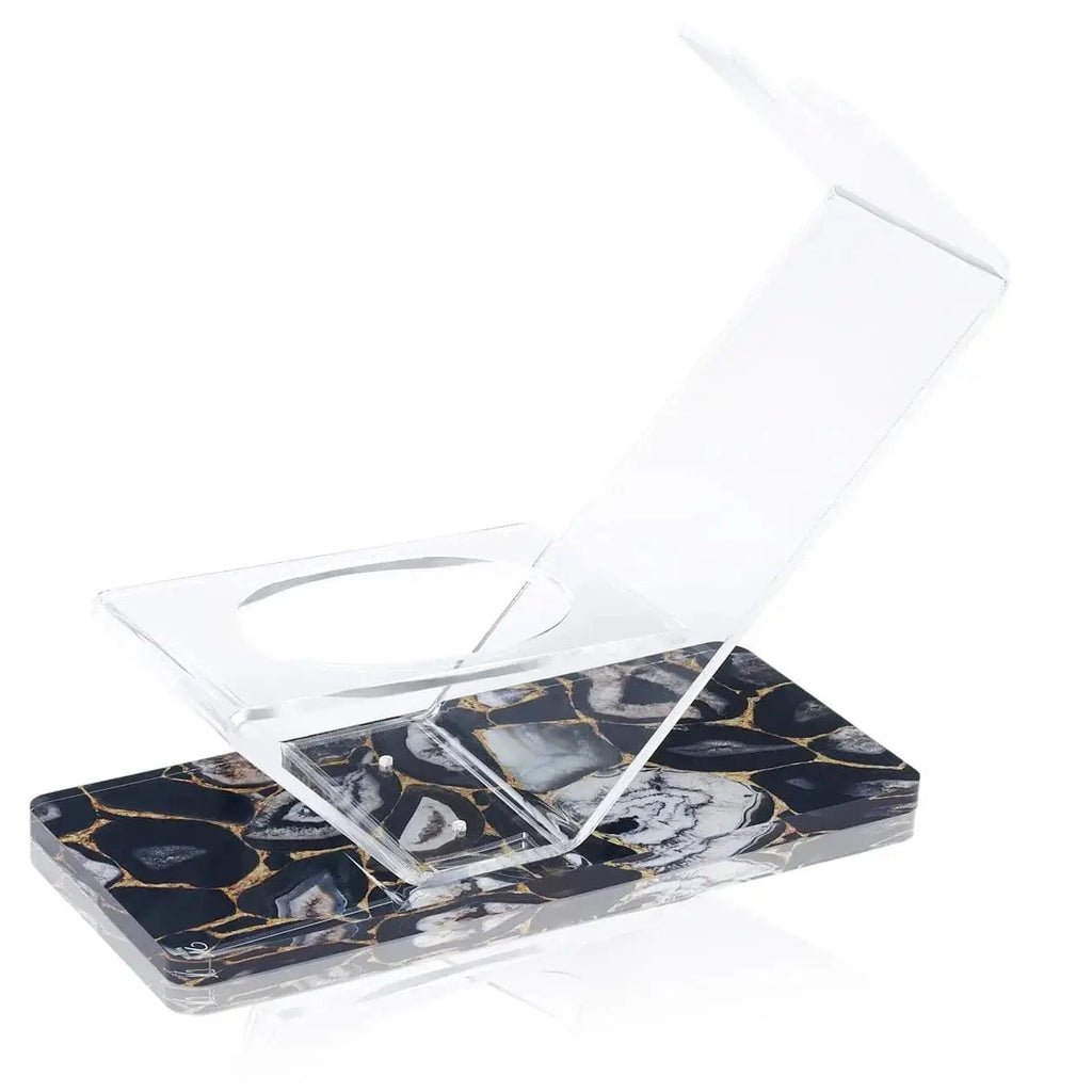 Waterdale Collection black agate wine stand with gold veining, featuring two clear acrylic wine glass holders on a polished marble-look base.