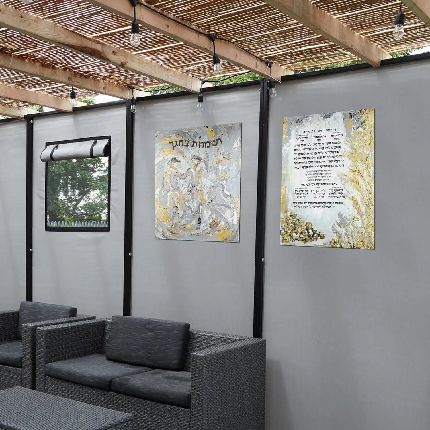 Al Hamichyah vinyl Sukkah decoration with yellow floral design displayed on gallery wall panel in modern interior setting.