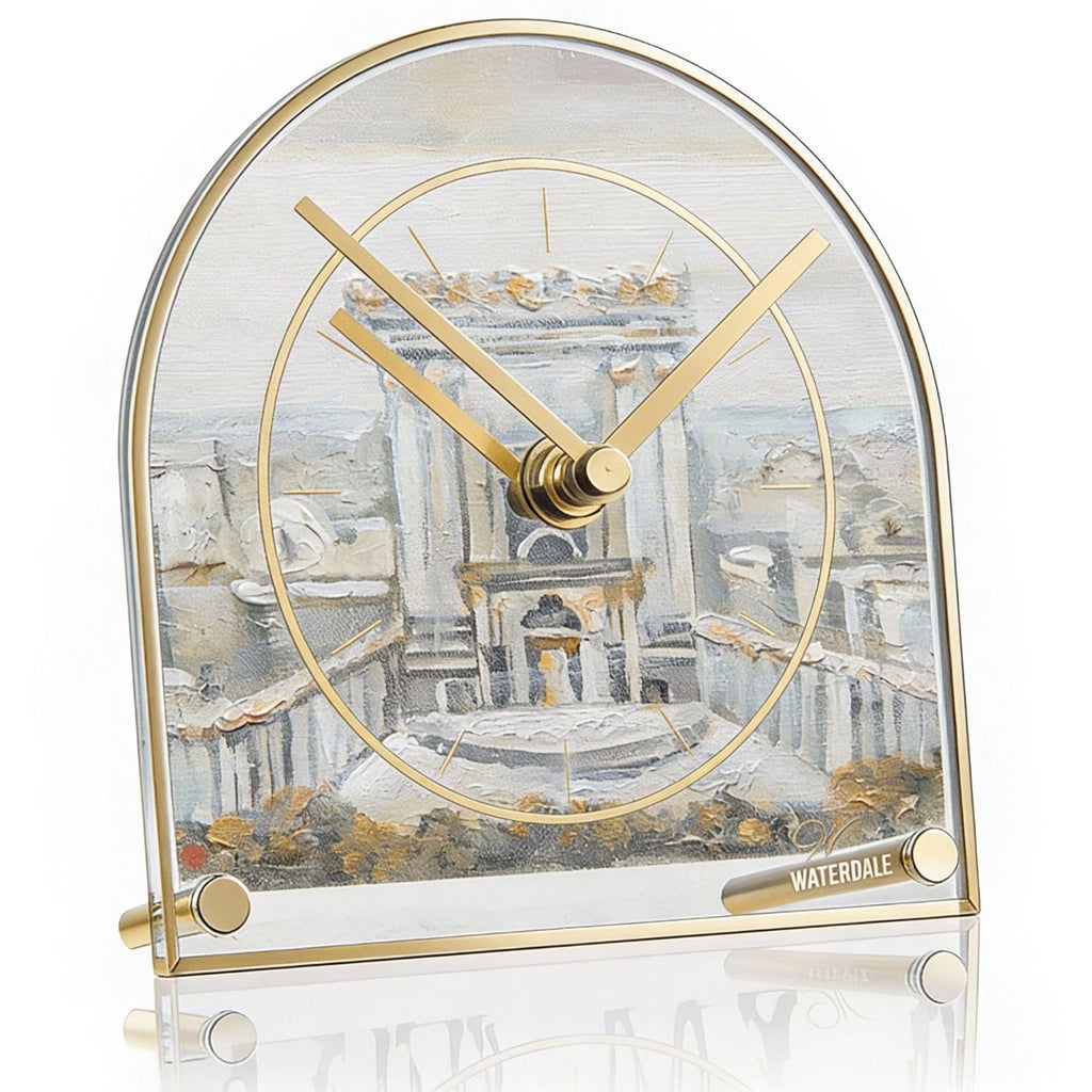 Modern Bais Hamikdash desk clock in a minimalist clear acrylic design,
