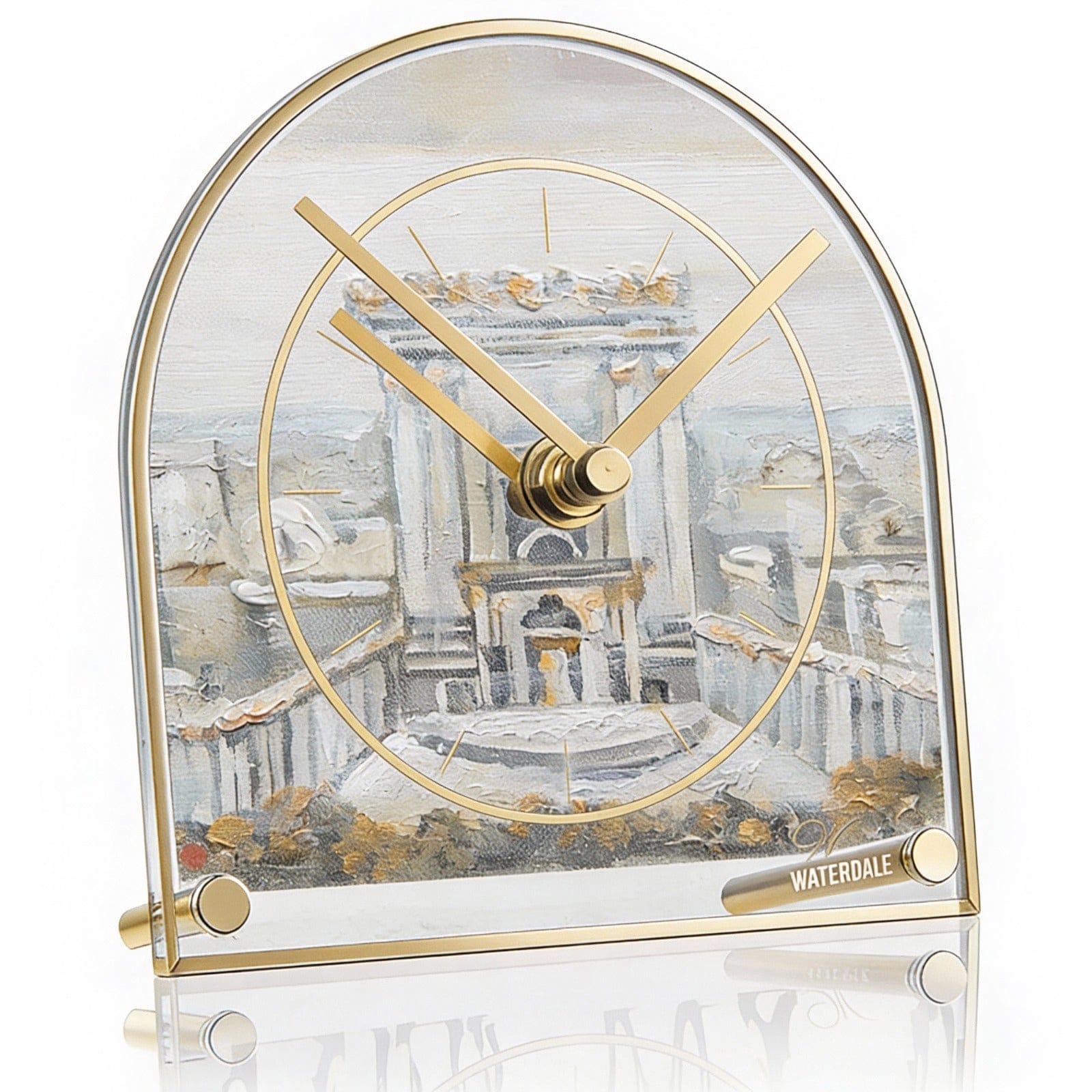 Modern Bais Hamikdash desk clock in a minimalist clear acrylic design,