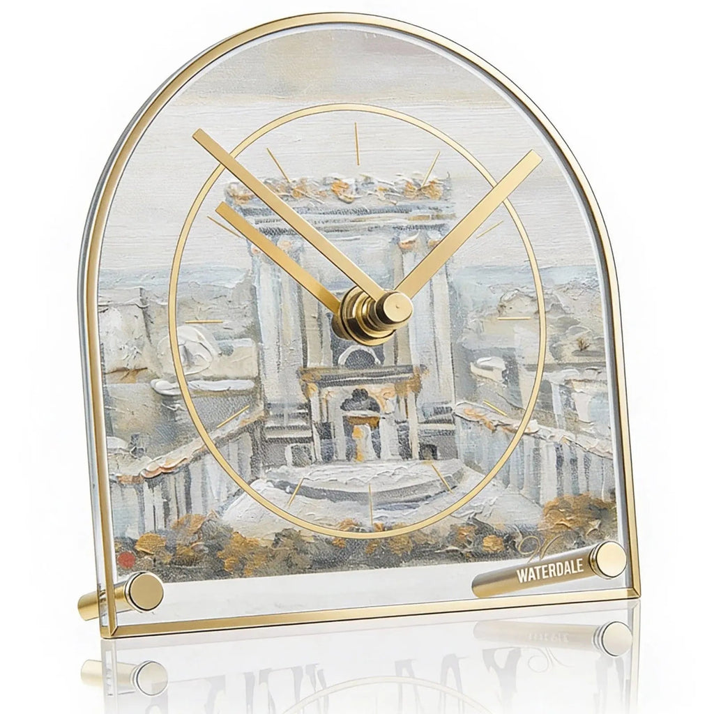 Bais Hamikdash desk clock with arched glass dome, brass hands, and detailed painted interior depicting a sanctuary scene with columns and architectural details.