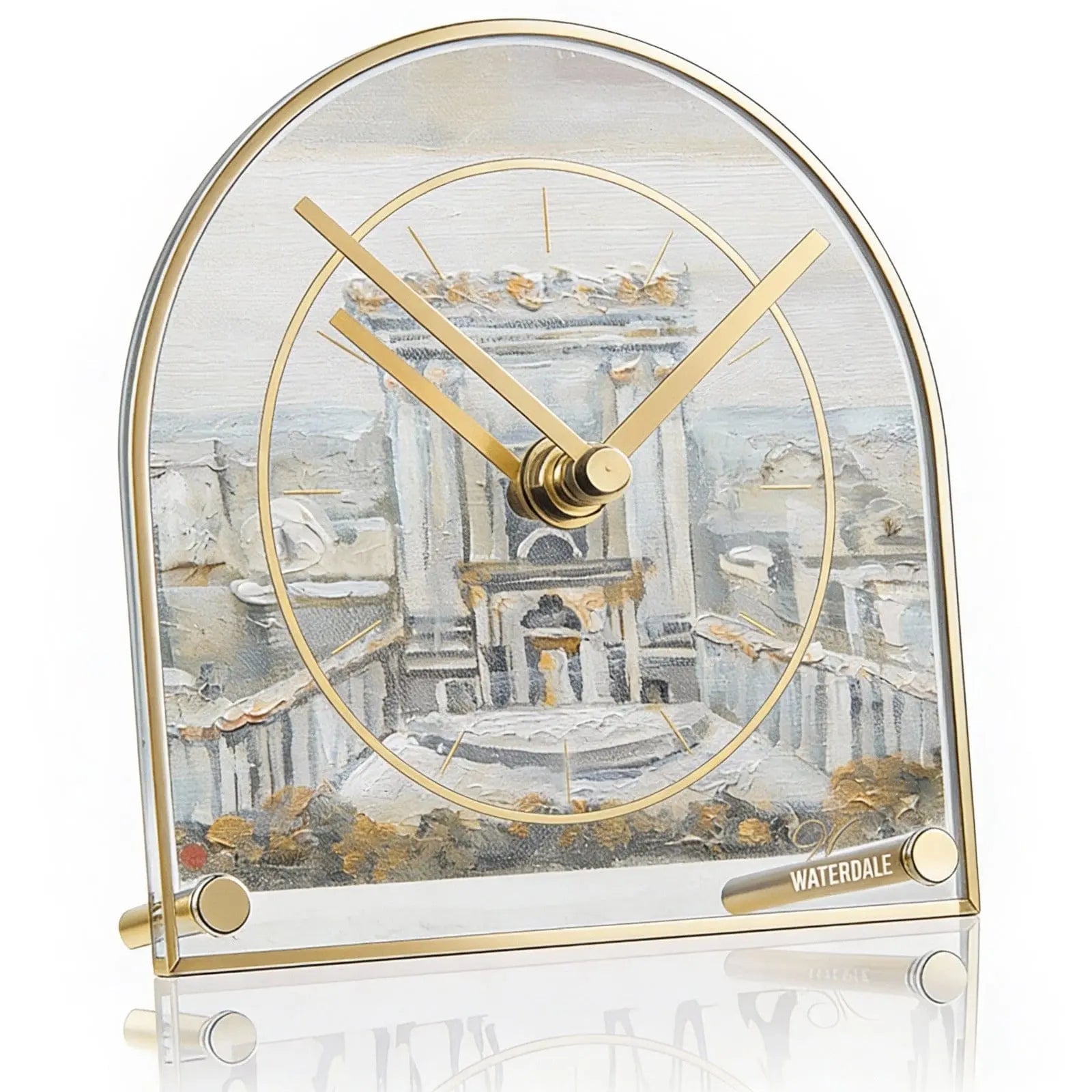 Bais Hamikdash desk clock with arched glass dome, brass hands, and detailed painted interior depicting a sanctuary scene with columns and architectural details.