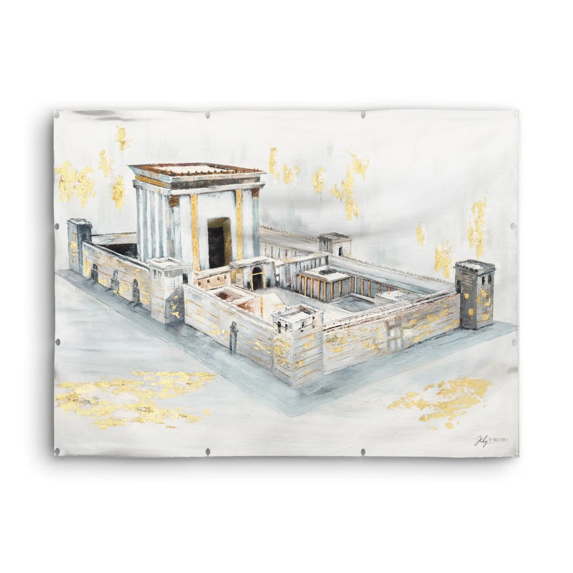 Bais Hamikdash by Judy vinyl sukkah decoration featuring architectural watercolor illustration with gold accents on white background