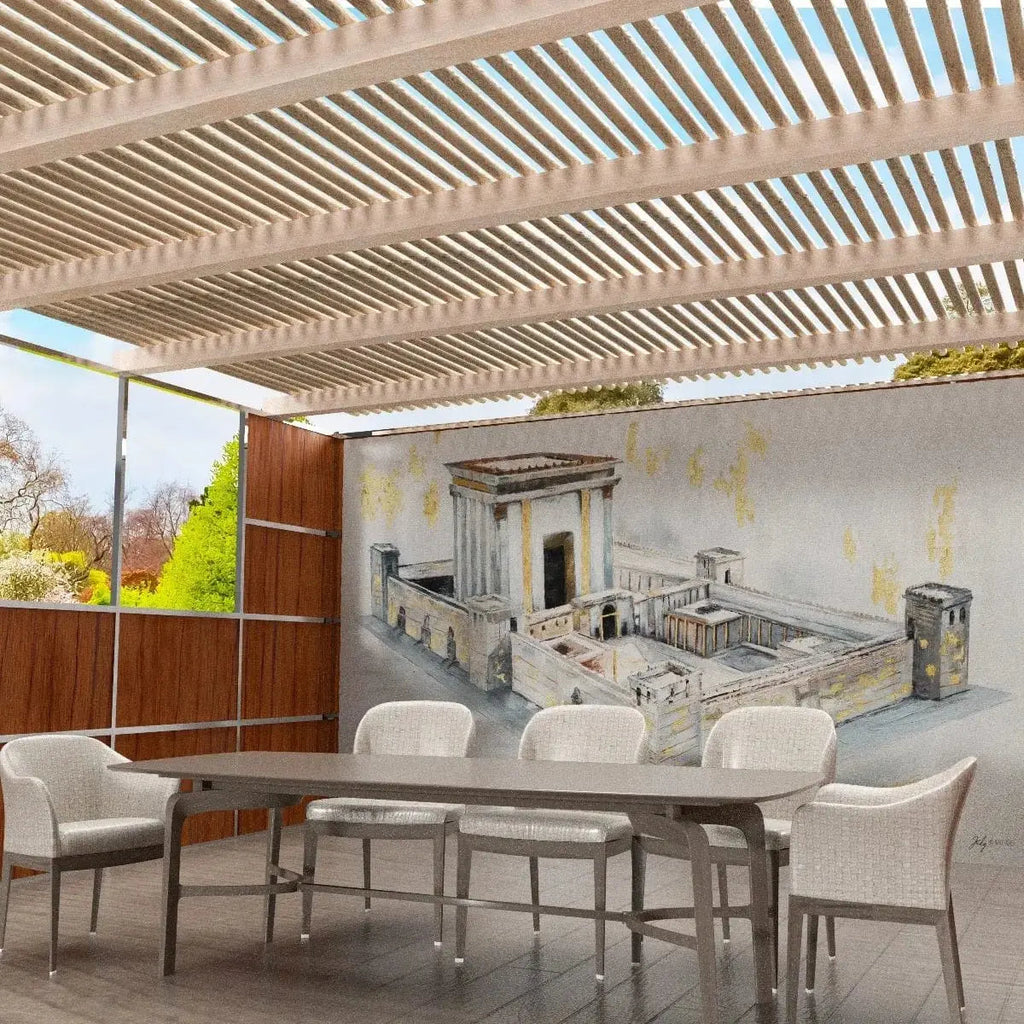 Bais Hamikdash by Judy vinyl sukkah decoration featuring detailed architectural artwork displayed in modern dining space setting