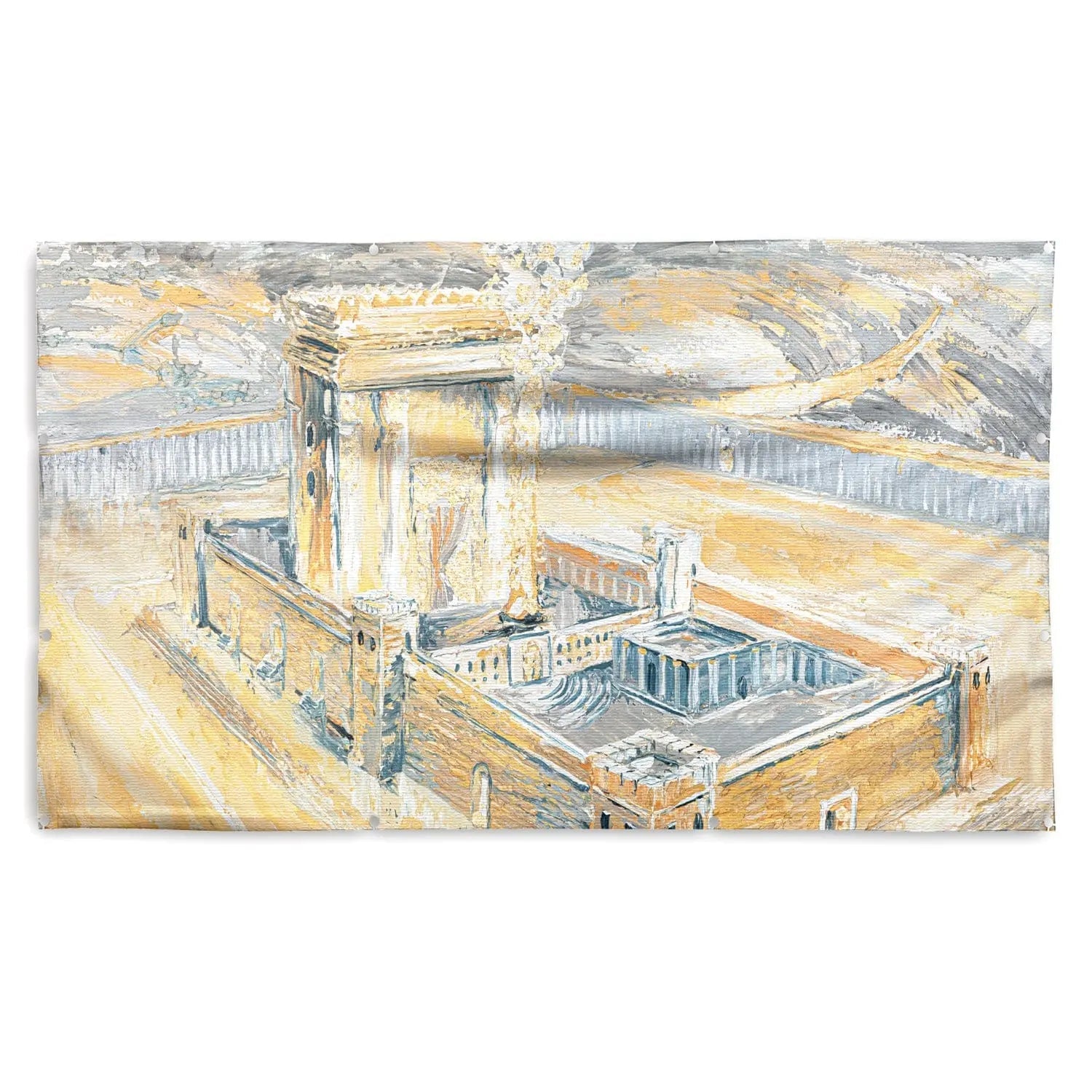Gray and gold vinyl Bais Hamikdash sukkah decoration featuring detailed architectural illustration of the Second Temple with blue accents