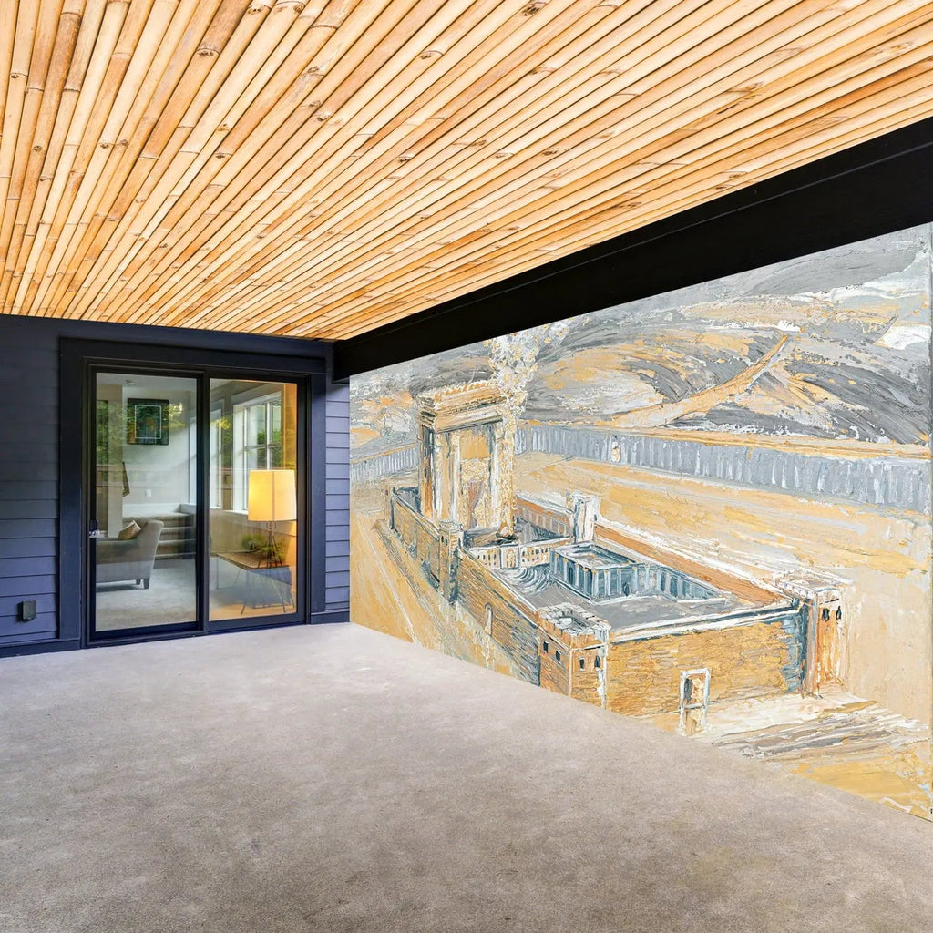 Bais Hamikdash gray and gold vinyl sukkah decoration displayed on wooden ceiling showing detailed Jerusalem Temple illustration for Sukkot holiday.