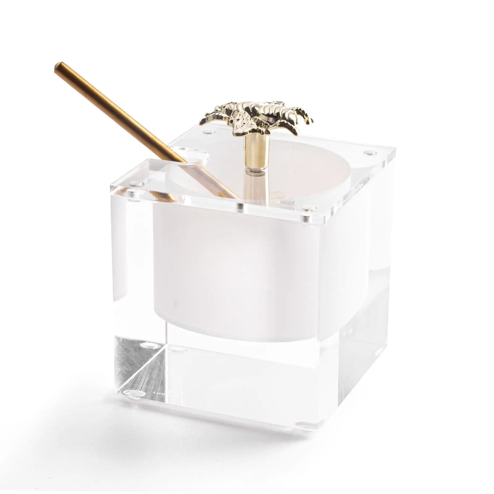 White ceramic bee honey dish with brass bee finial and wooden honey dipper by Waterdale Collection