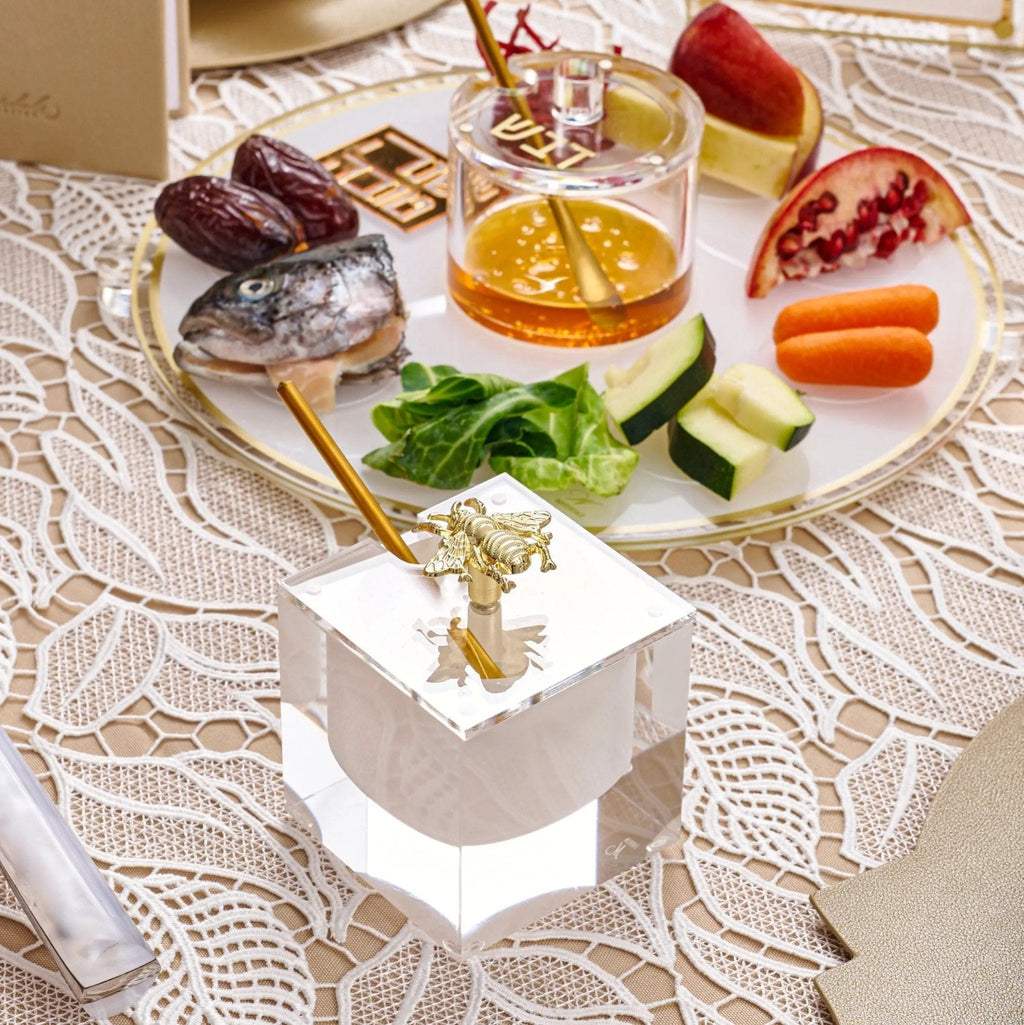 Bee Honey Dish by Waterdale Collection filled with assorted vegetables and honey, ceramic tabletop serving dish with bee design.