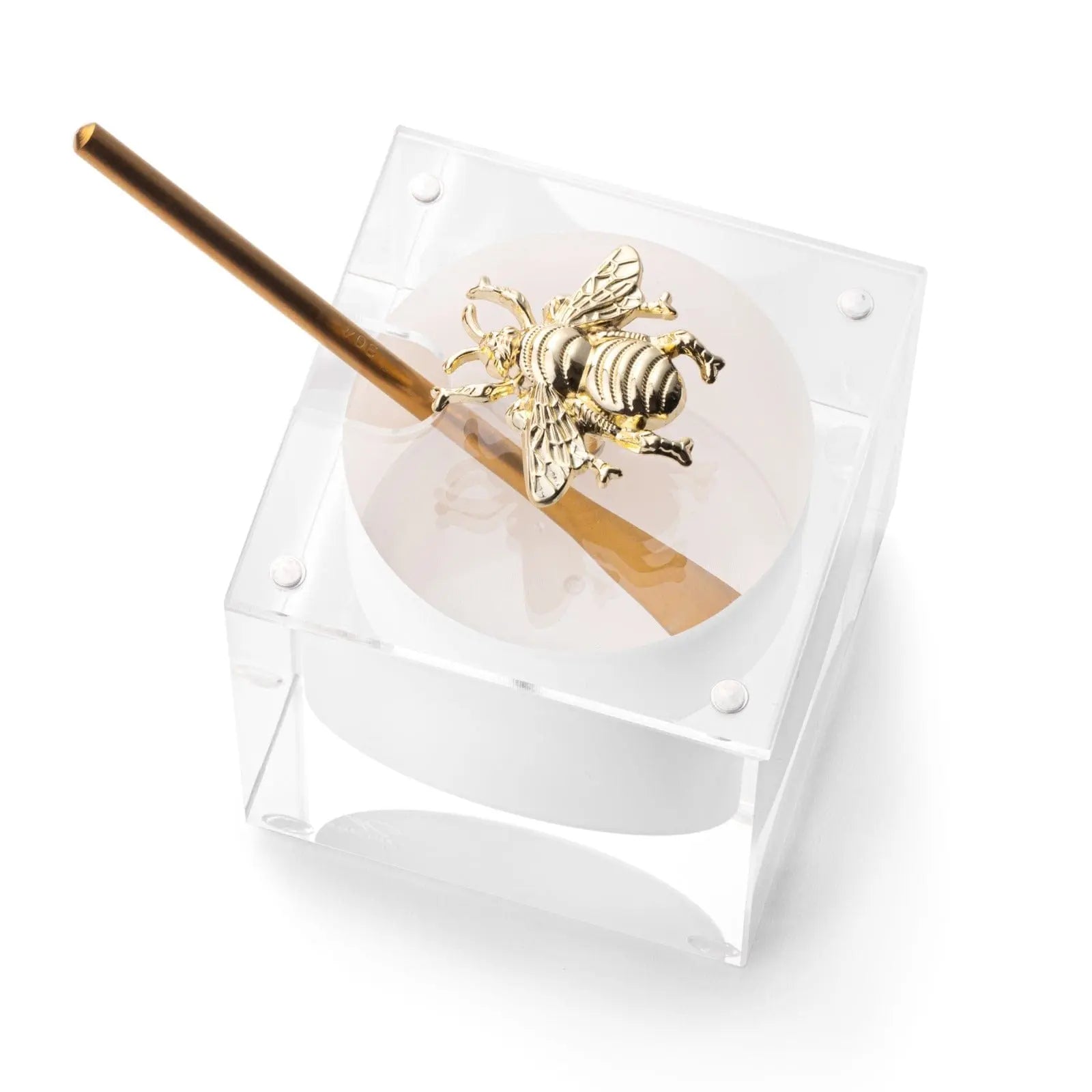 Waterdale Collection bee honey dish with gold bee-shaped finial and wooden dipper on square clear glass base.