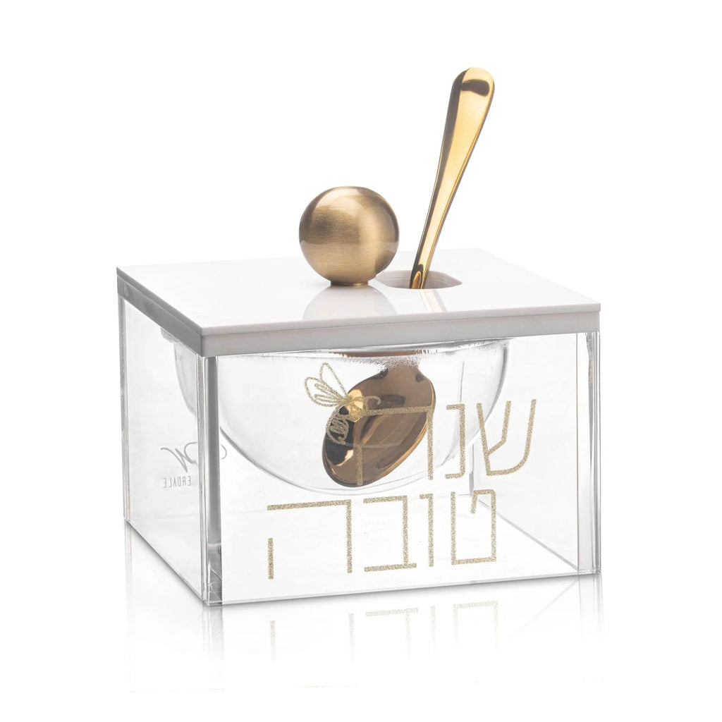 Block Honey Dish with wooden honey dipper and server, featuring a clear glass container with minimalist line design and brass accents by Waterdale Collection.