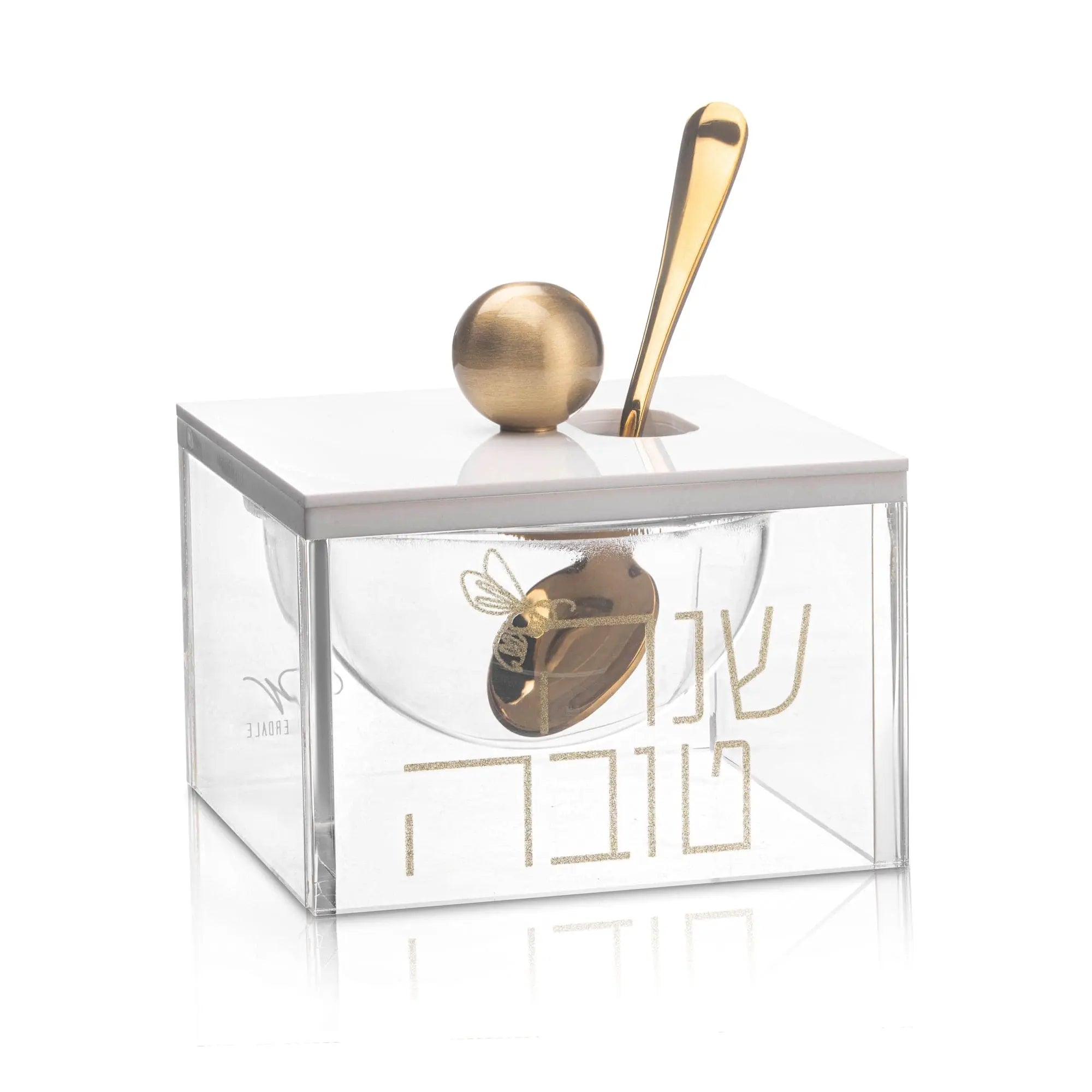 Block Honey Dish with wooden honey dipper and server, featuring a clear glass container with minimalist line design and brass accents by Waterdale Collection.
