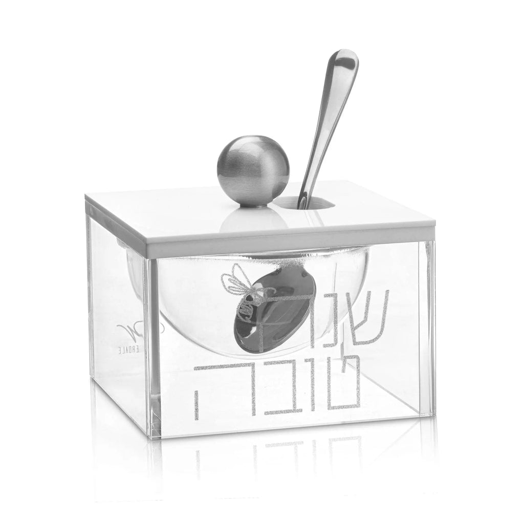 Block Honey Dish by Waterdale Collection in brushed silver with matching dipper and wooden honey wand on white background.