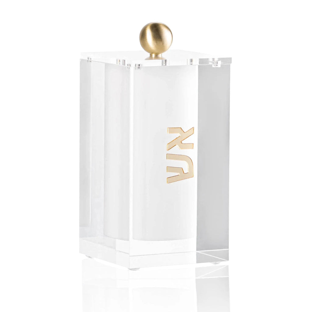 Block Match Jar by Waterdale Collection, white acrylic match holder with gold accents, displayed on reflective surface for Shabbat and Havdalah table decor.