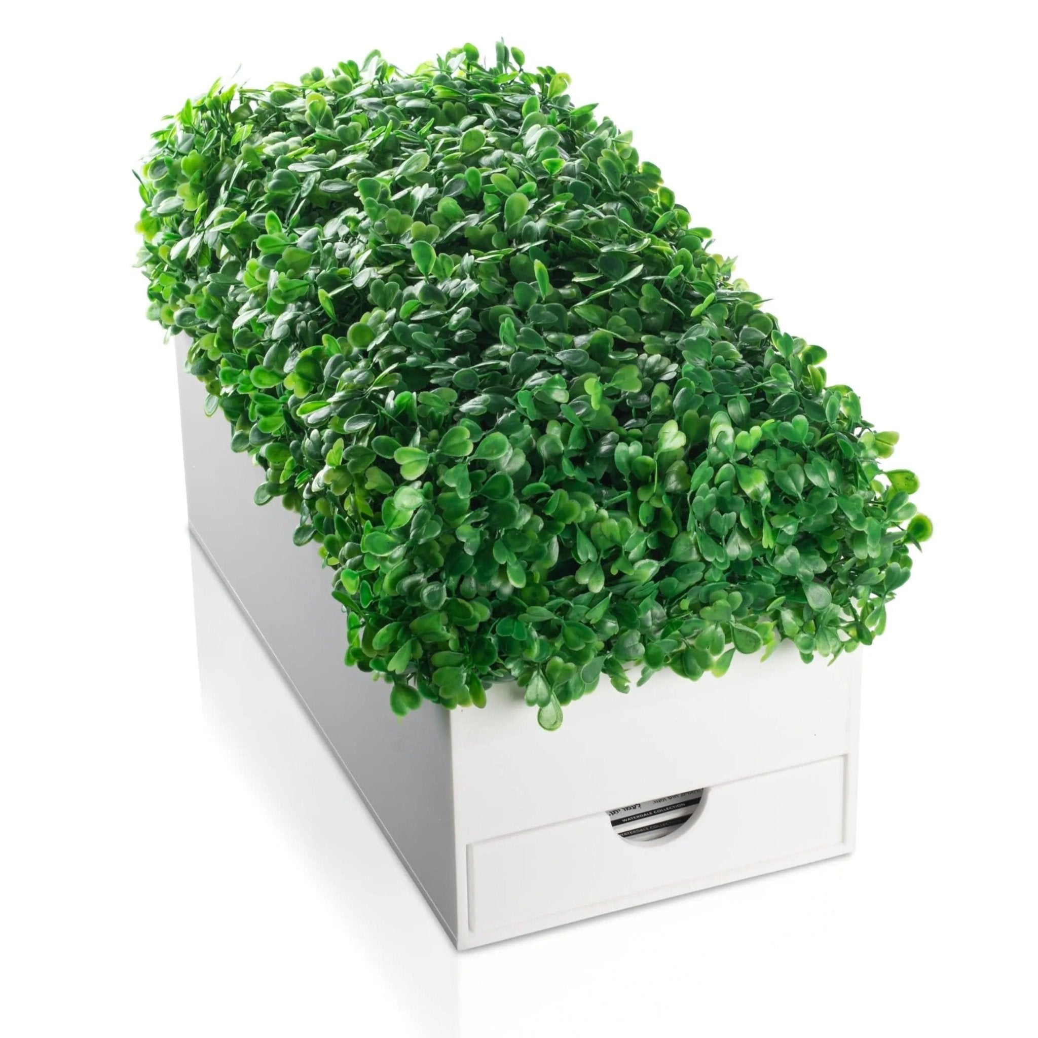 Boxwood Bencher Set with lush green faux foliage in white rectangular vase, ideal for table décor and hostess gifts.