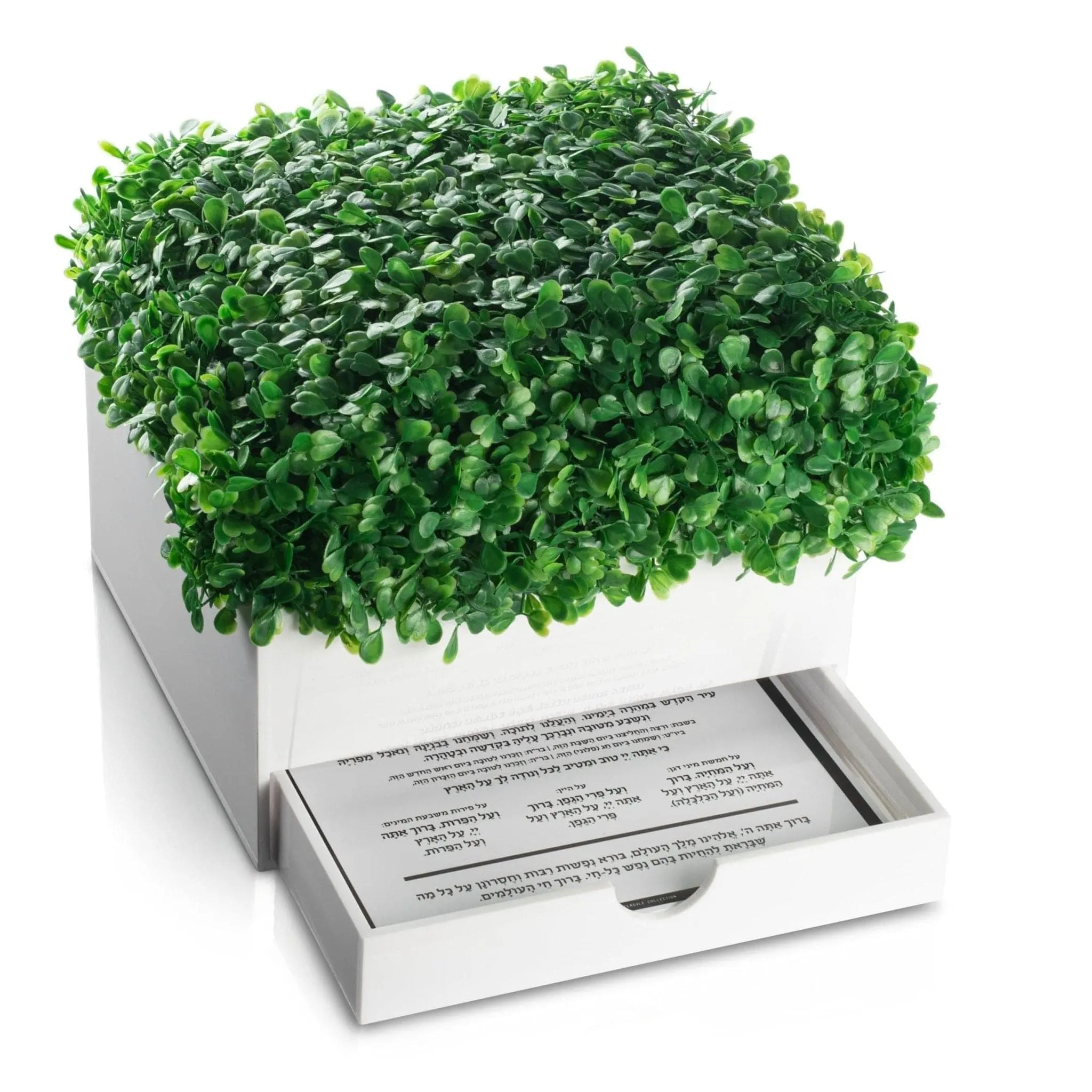Boxwood bencher tabletop arrangement with lush green faux foliage in white rectangular planter base for home decor.