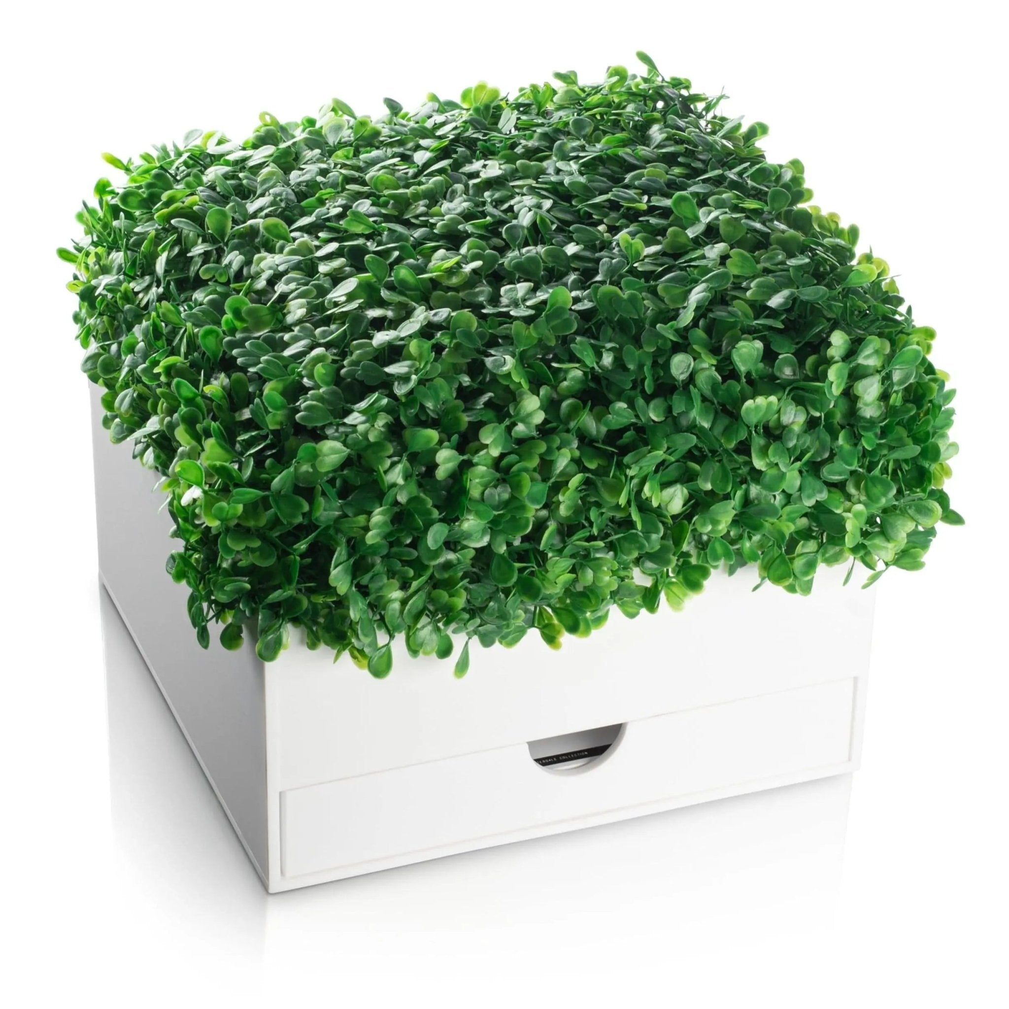 Boxwood bencher set featuring a white ceramic vase with dense green faux foliage, ideal for tabletop floral arrangements and hostess gifts.