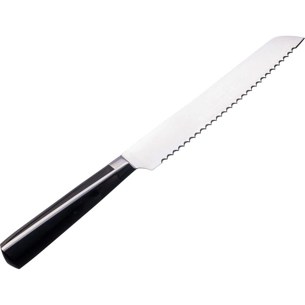 Waterdale Collection bread knife with white serrated blade and black handle, displayed at an angle.