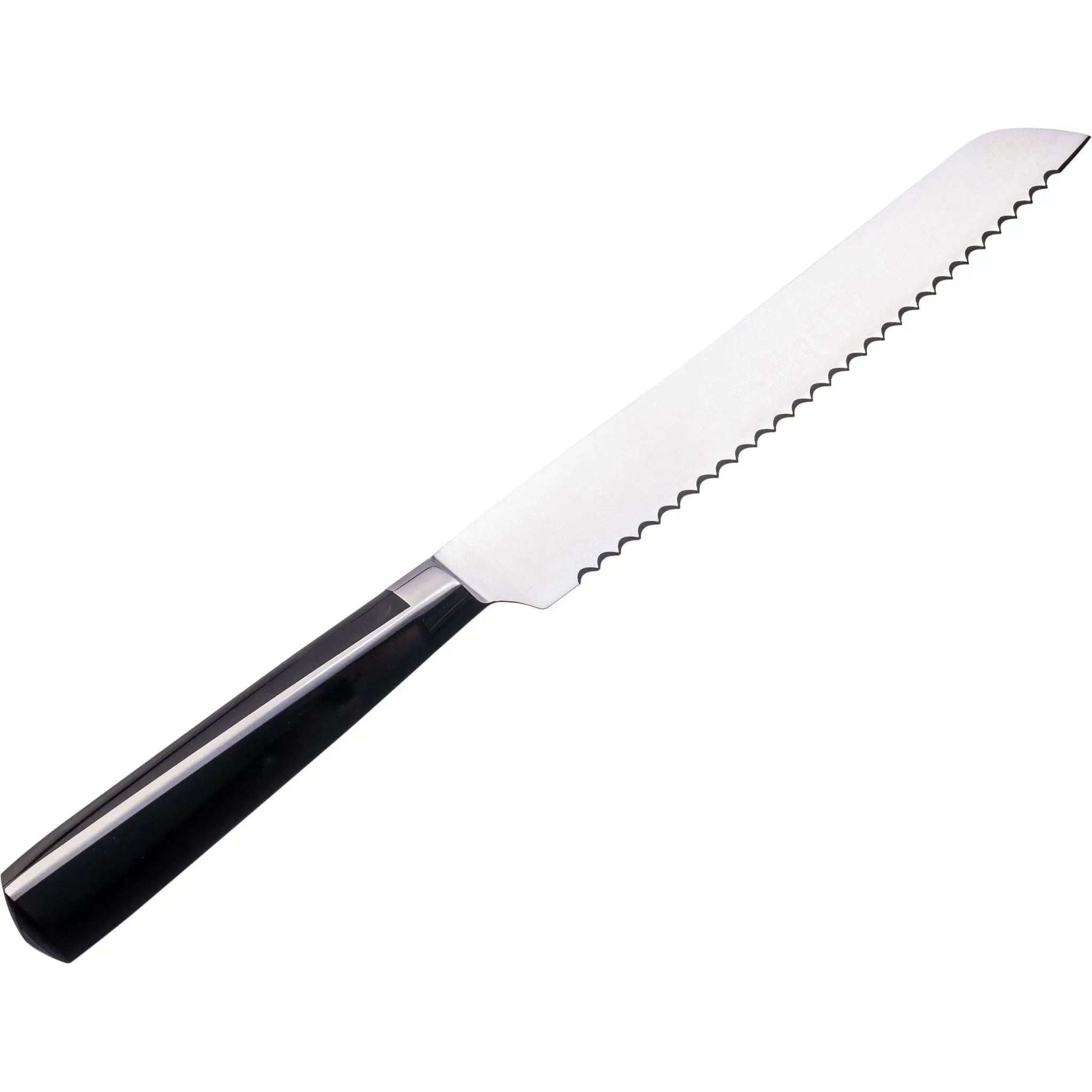 Waterdale Collection bread knife with white serrated blade and black handle, displayed at an angle.