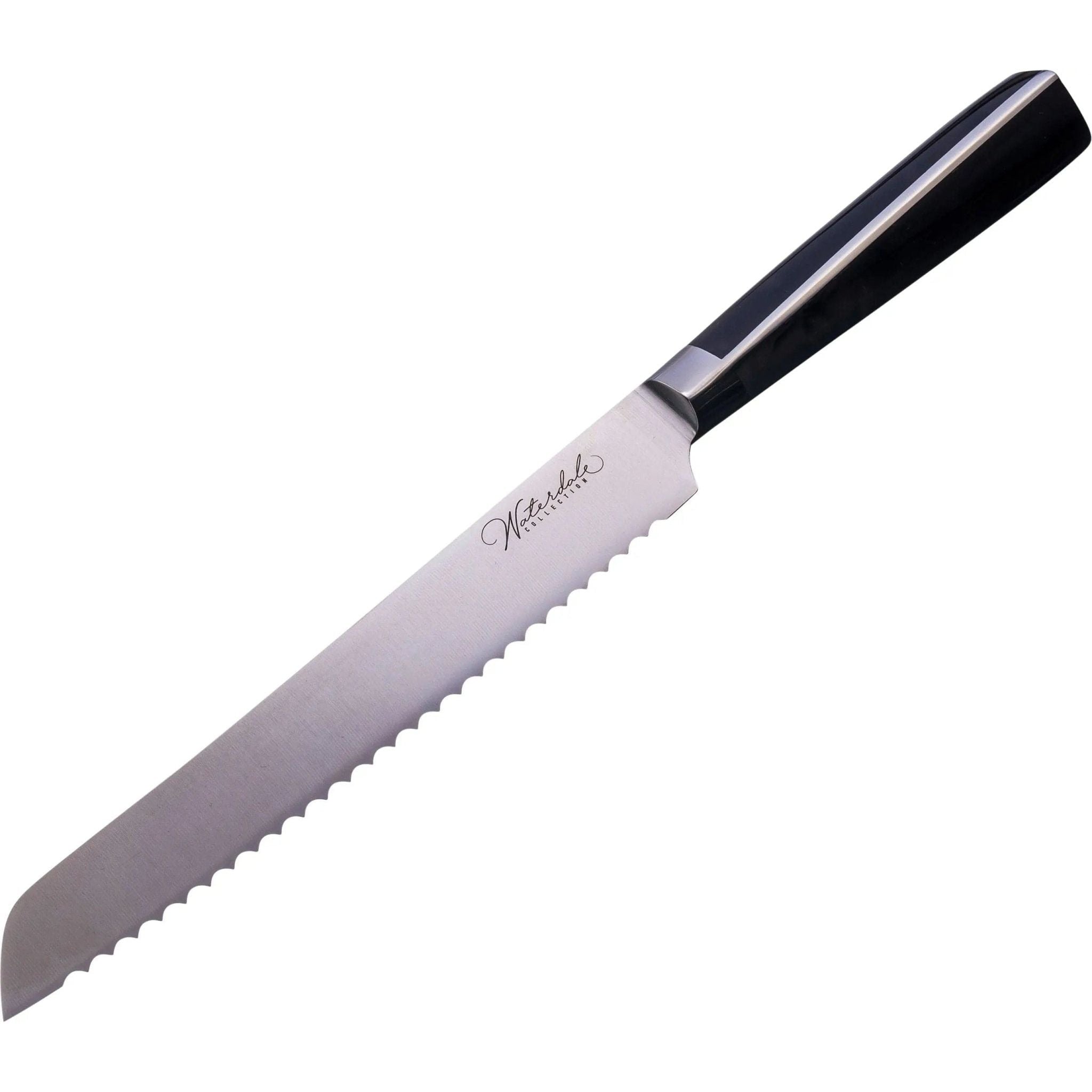 Waterdale Collection bread knife with serrated blade and black handle, displayed against white background.