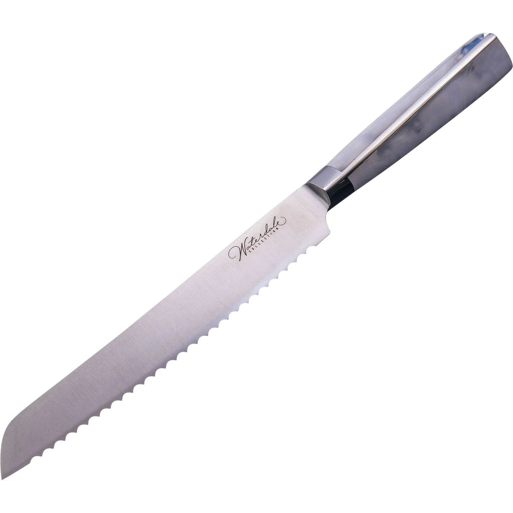Waterdale Collection bread knife with serrated blade and gray handle, displayed at angle against white background.