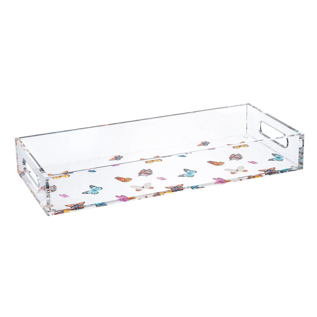 Clear acrylic butterfly bread tray with colorful butterfly and geometric designs, featuring dual handles for serving.