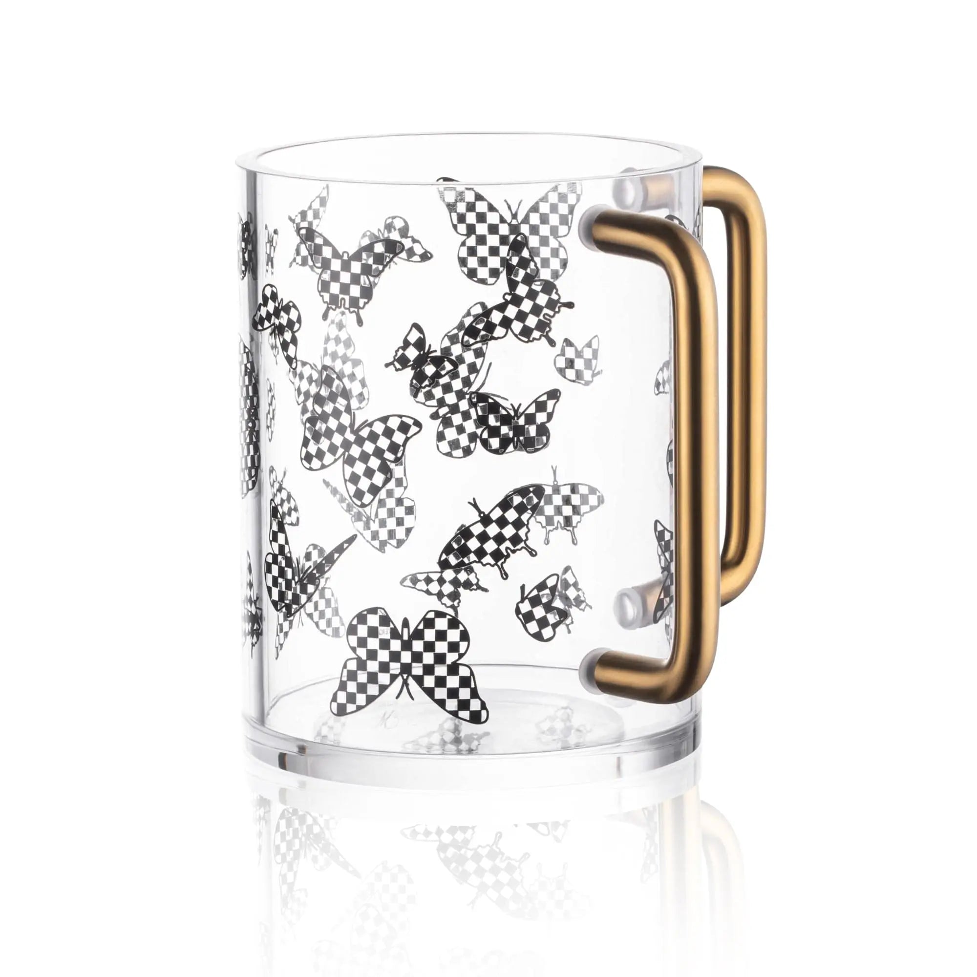 Onyx Butterfly Washing Cup with black butterfly pattern on white ceramic, gold handle, modern design for bathroom or Pesach use