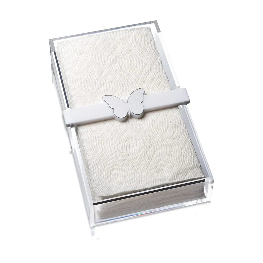 Waterdale Collection butterfly paper towel holder in white with embossed butterfly design and metal accents on tabletop surface