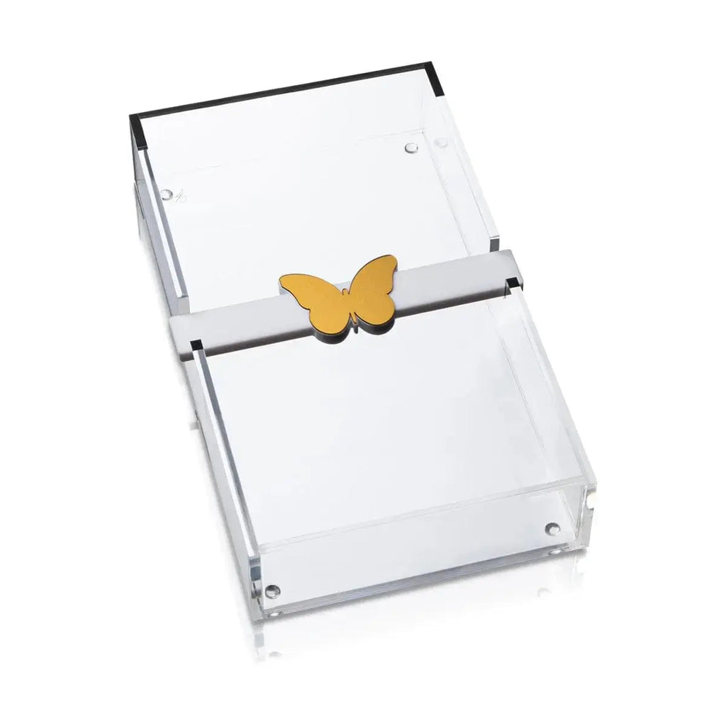 Butterfly Paper Towel Holder with gold butterfly clasp and clear acrylic sides holding white napkins on tabletop