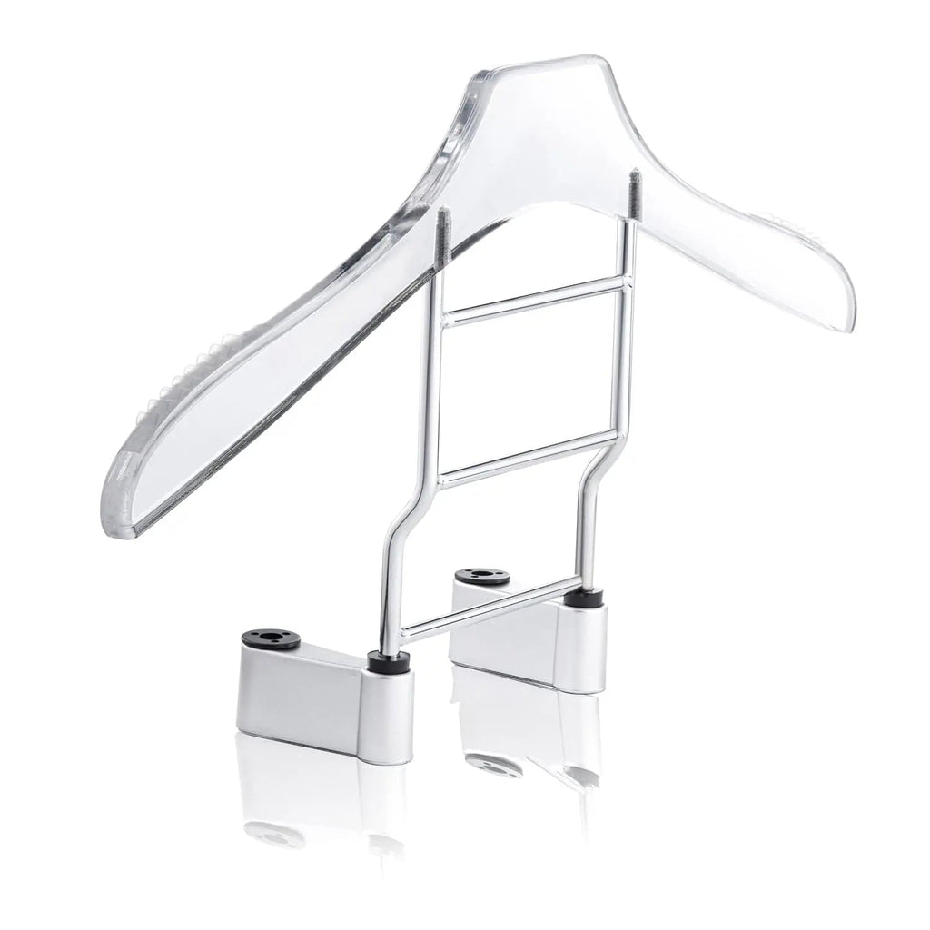 Waterdale Collection silver car hanger with white dress shirt and tie, featuring adjustable straps and storage pockets for organized closet display.