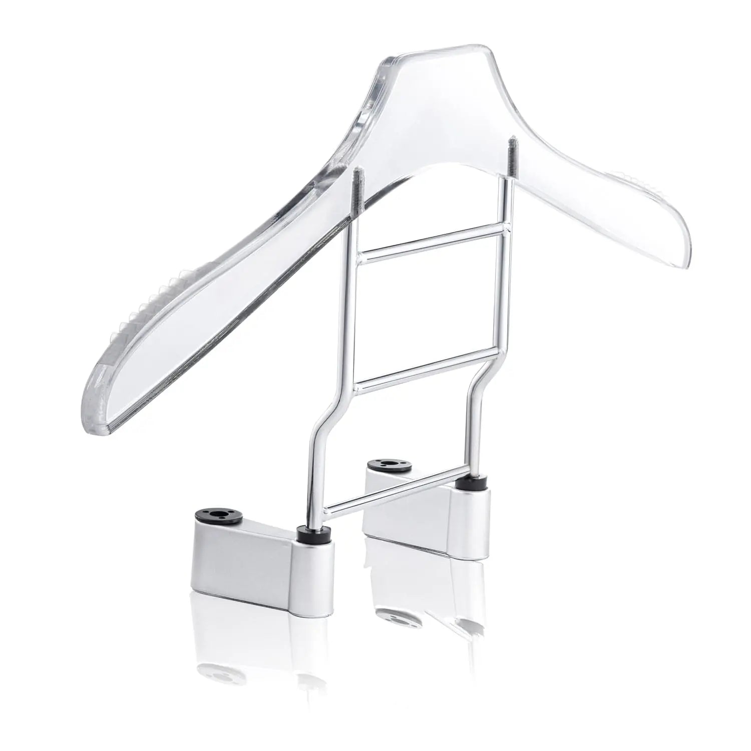 Waterdale Collection silver car hanger with white dress shirt and tie, featuring adjustable straps and storage pockets for organized closet display.