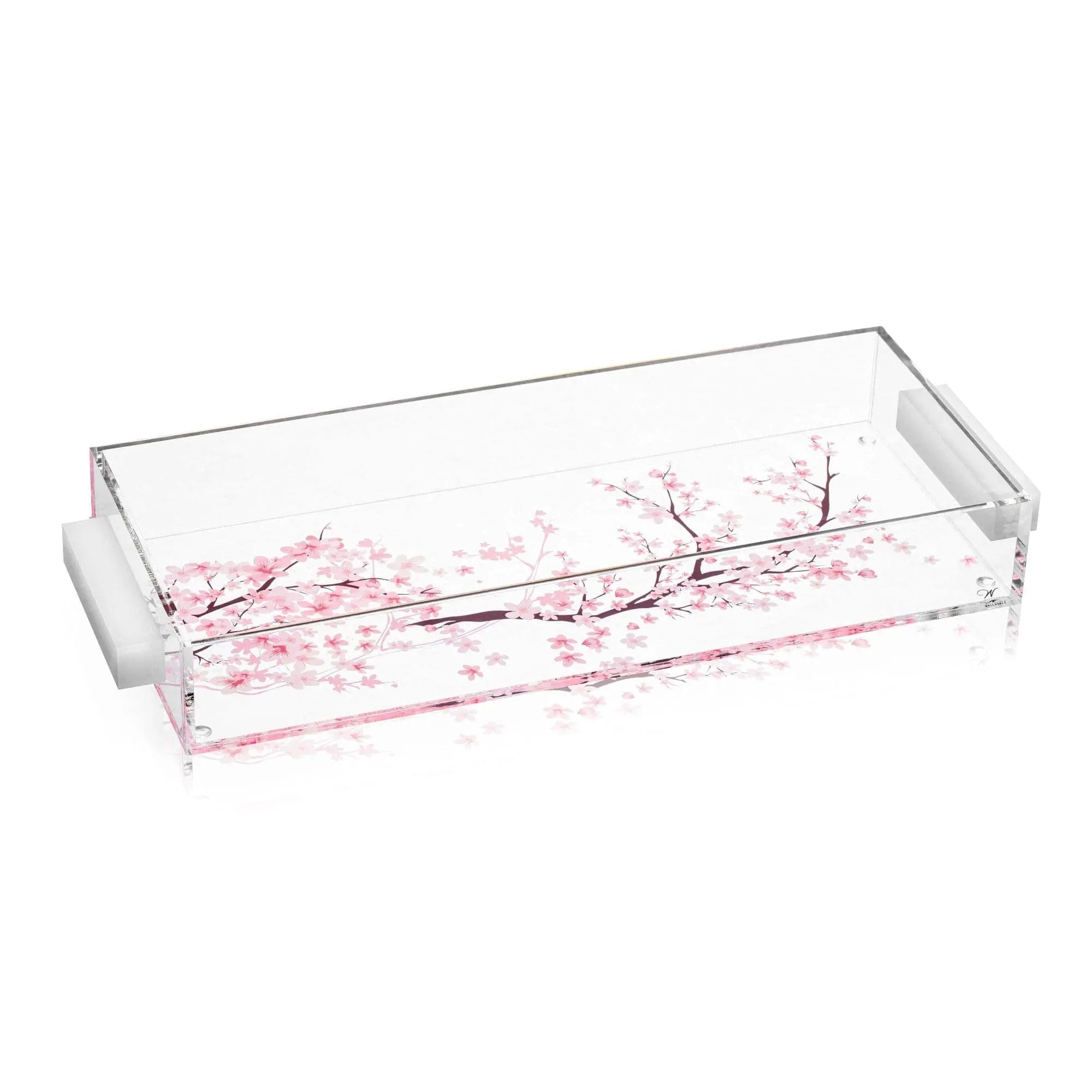 Clear acrylic cherry blossom bread tray with delicate pink floral design, ideal for serving or bathroom vanity storage.