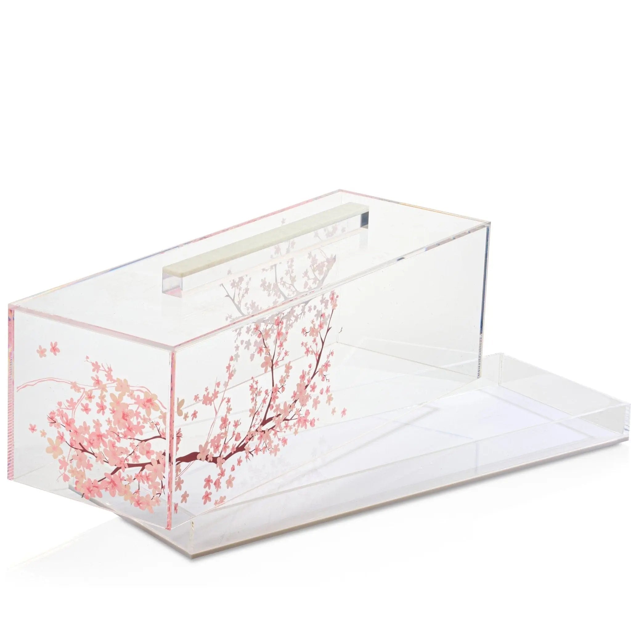 Clear acrylic cherry blossom cake dome with pink floral design, featuring a white base platform and dome cover for serving.
