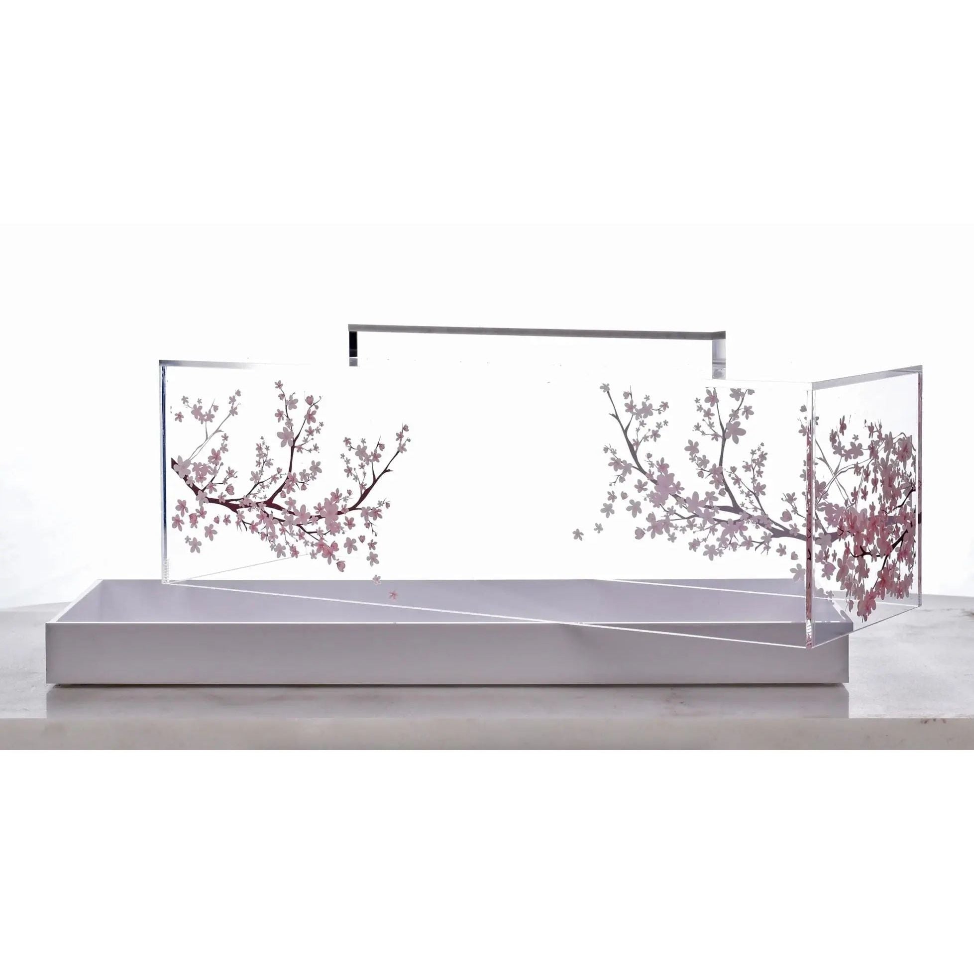 Cherry Blossom Cake Dome with clear glass dome and painted floral design on base, shown with gray ceramic pedestal stand.