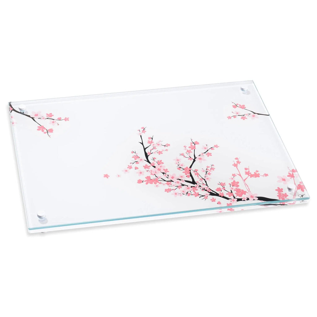 Cherry Blossom Challah Board with pink floral branch design on white ceramic, from Waterdale Collection's Shabbat tabletop collection.