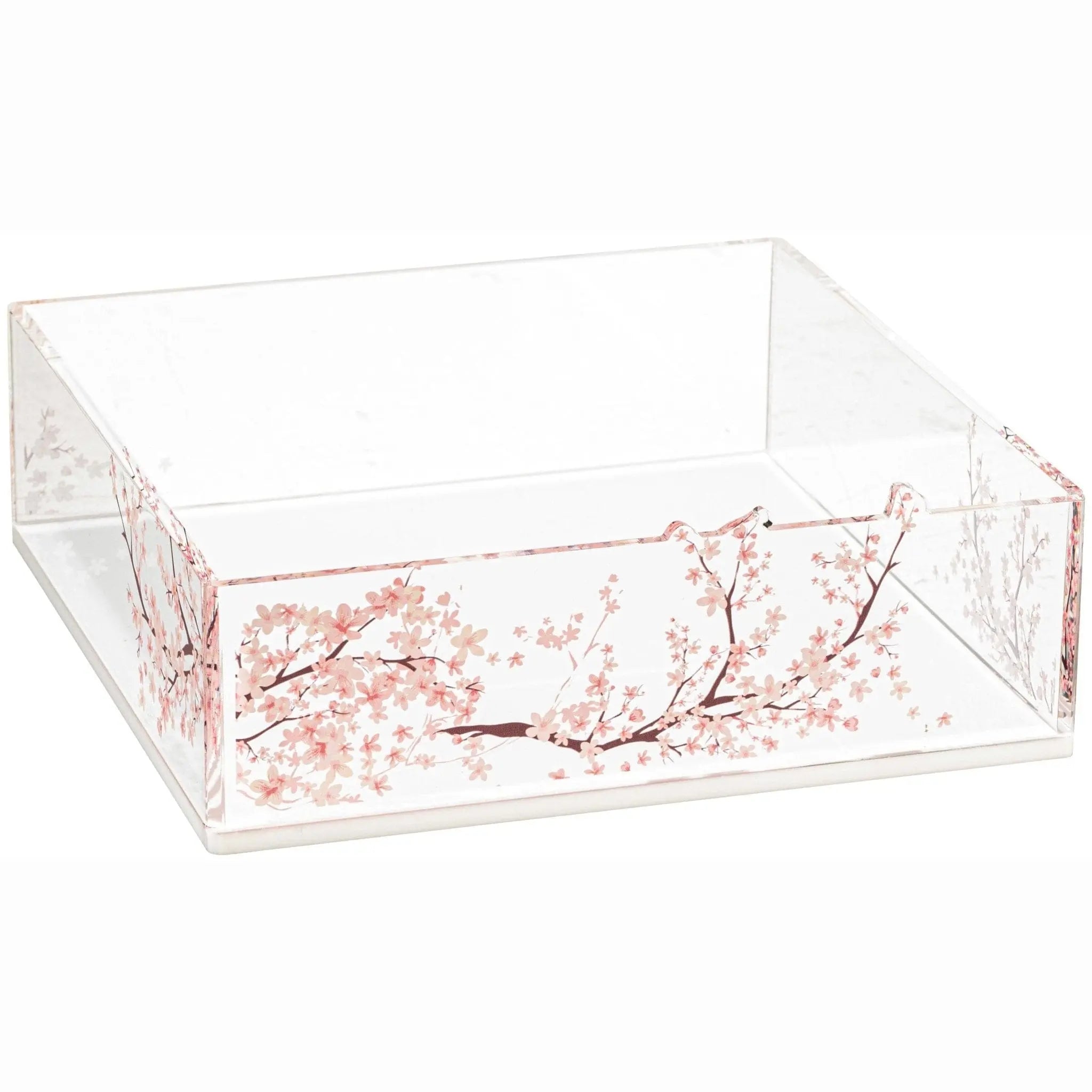 Clear acrylic cherry blossom napkin holder with delicate pink floral design and white interior compartment for napkins.