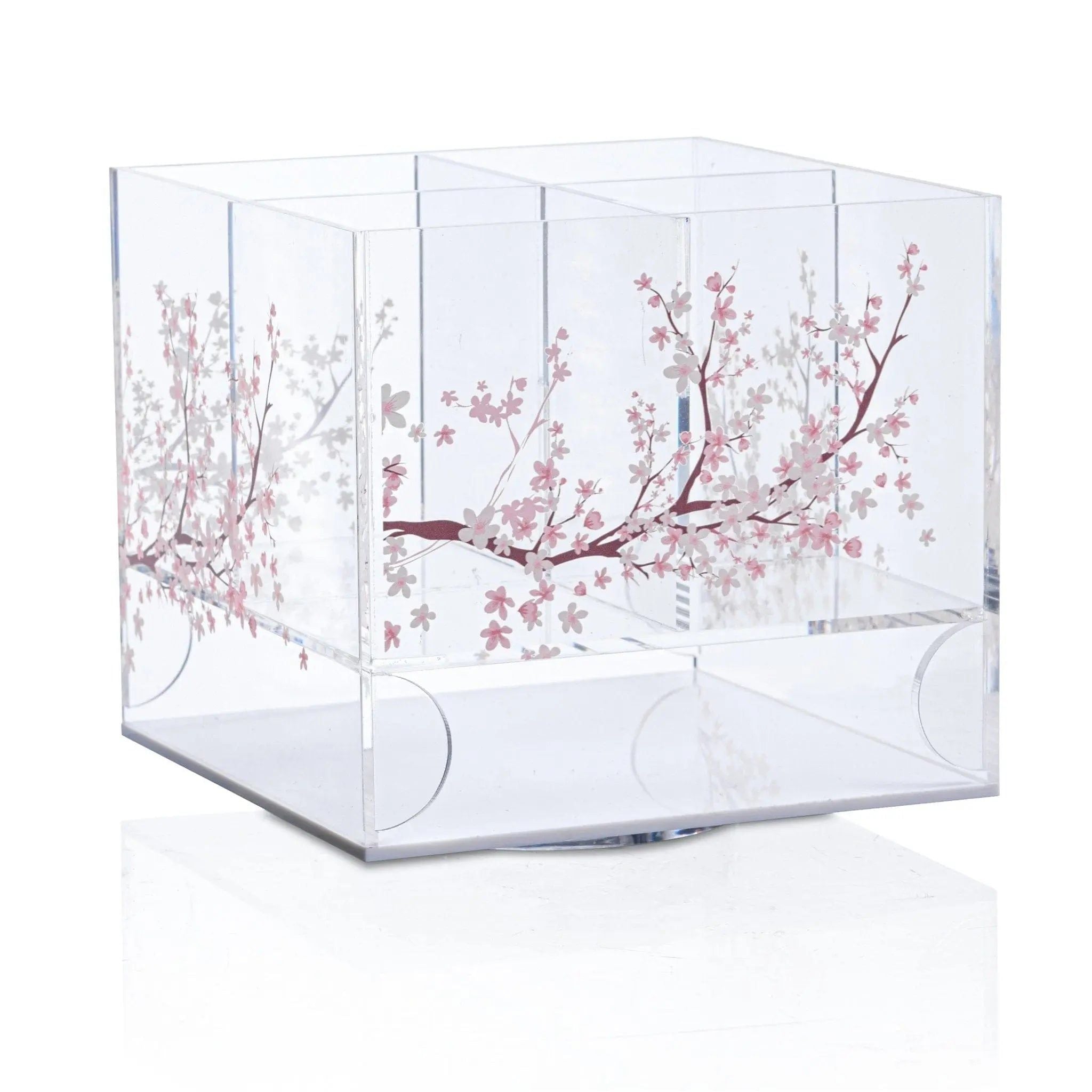 Clear acrylic silverware caddy featuring cherry blossom branch design in soft pink, rotating base for easy access to utensils.