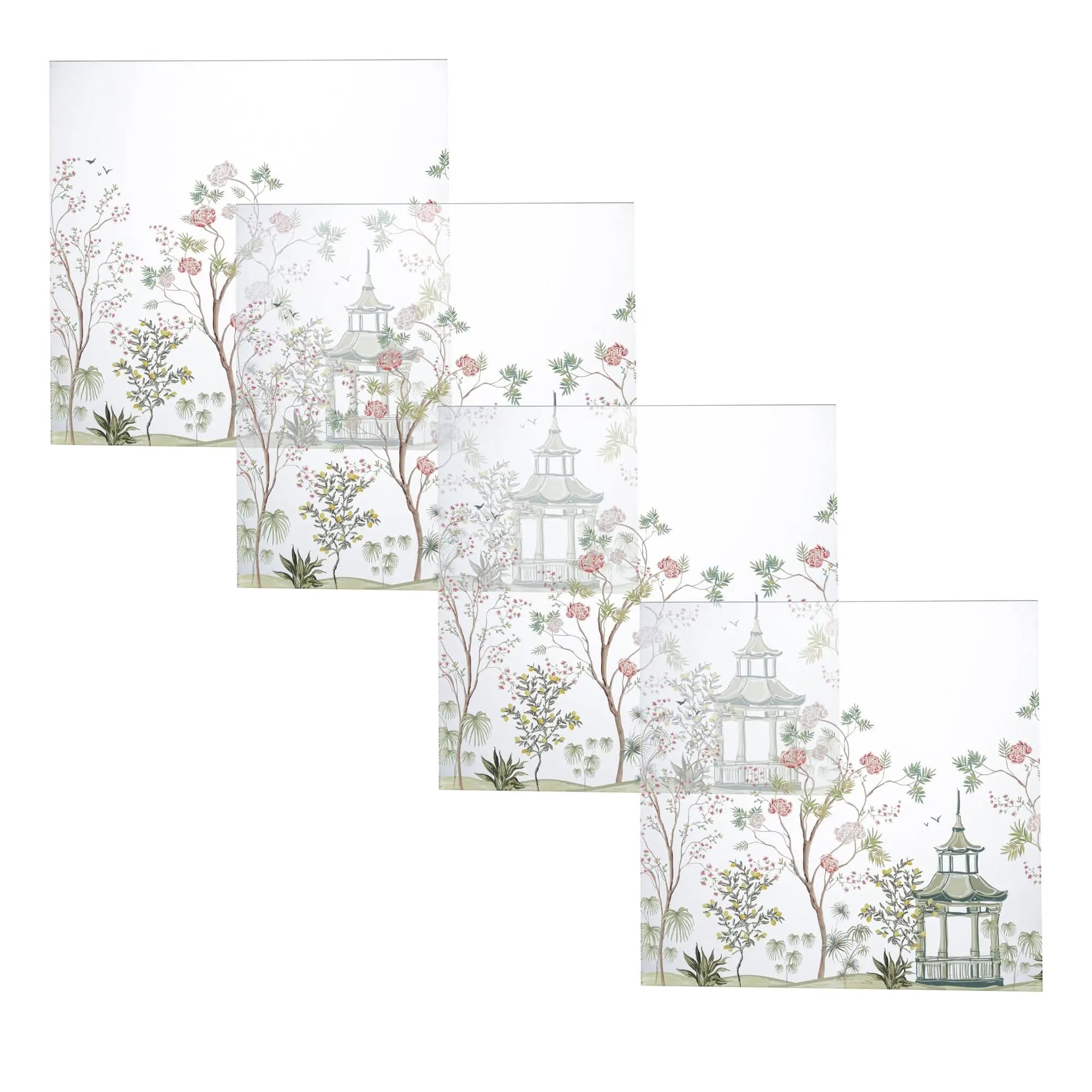 Chinoiserie Charger plate featuring delicate botanical illustrations with pagoda architecture, pink florals, and green foliage in soft watercolor style
