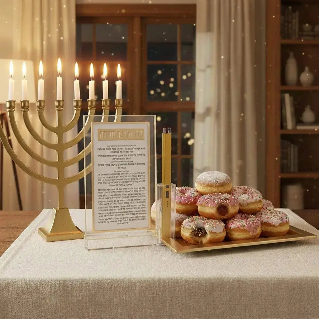 Classic 2.0 Basic Chanukah Brachos Tabletop menorah with brass finish, prayer card, and lighter displayed on white tablecloth in home setting.