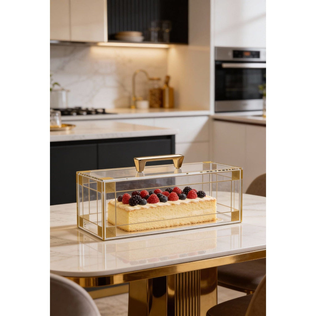 Decorative Lucite cake stand with a cake on a kitchen counter - Waterdale Collection