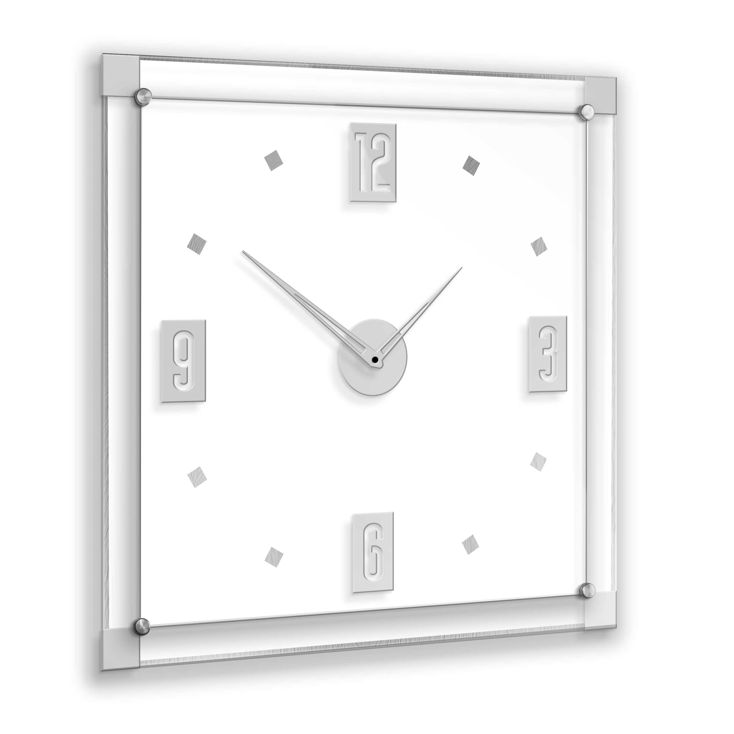 A modern clear acrylic wall clock with a mirrored border and black hour, minute, and second hands.