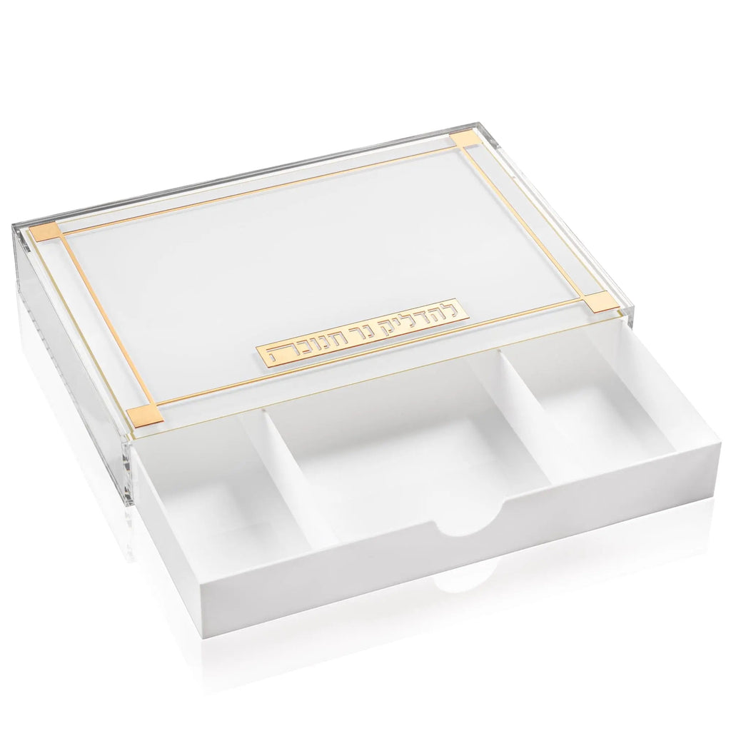 Classic 2.0 Menorah Tray with white drawer compartment and gold trim detail, ideal for Chanukah holiday storage and display.